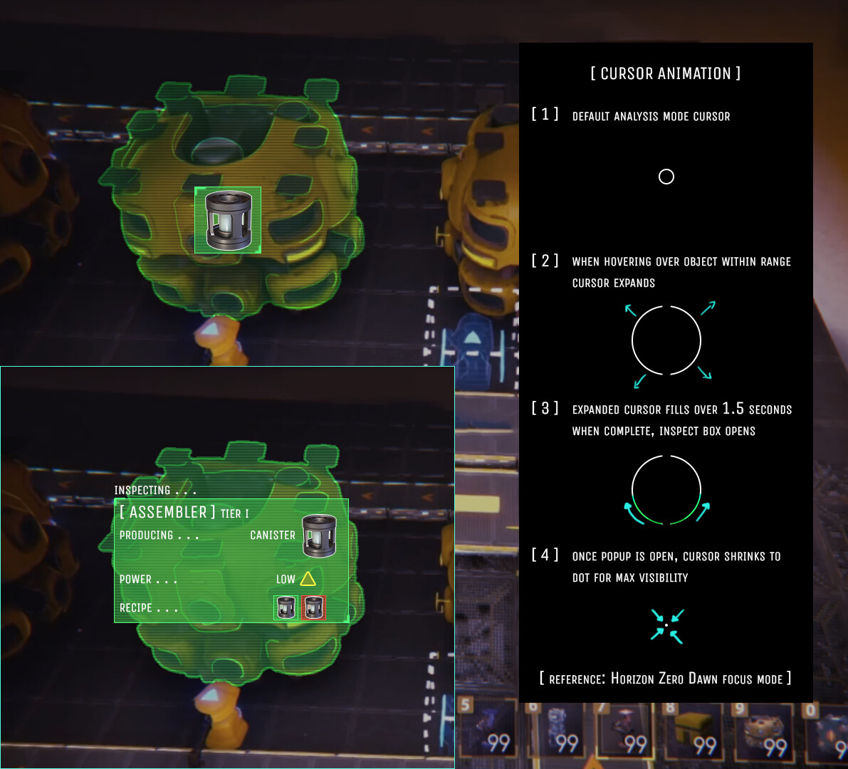 A mockup for an extra interaction while in Overlay mode. Players would be able to quickly open a panel to display additional information about a machine without having to open a menu.