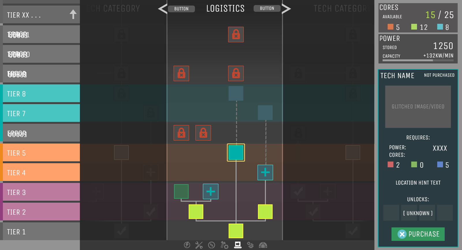 The next iteration of the wireframe, this time with callouts for different tech states, tiers, and additional detail information for the highlighted icon.
