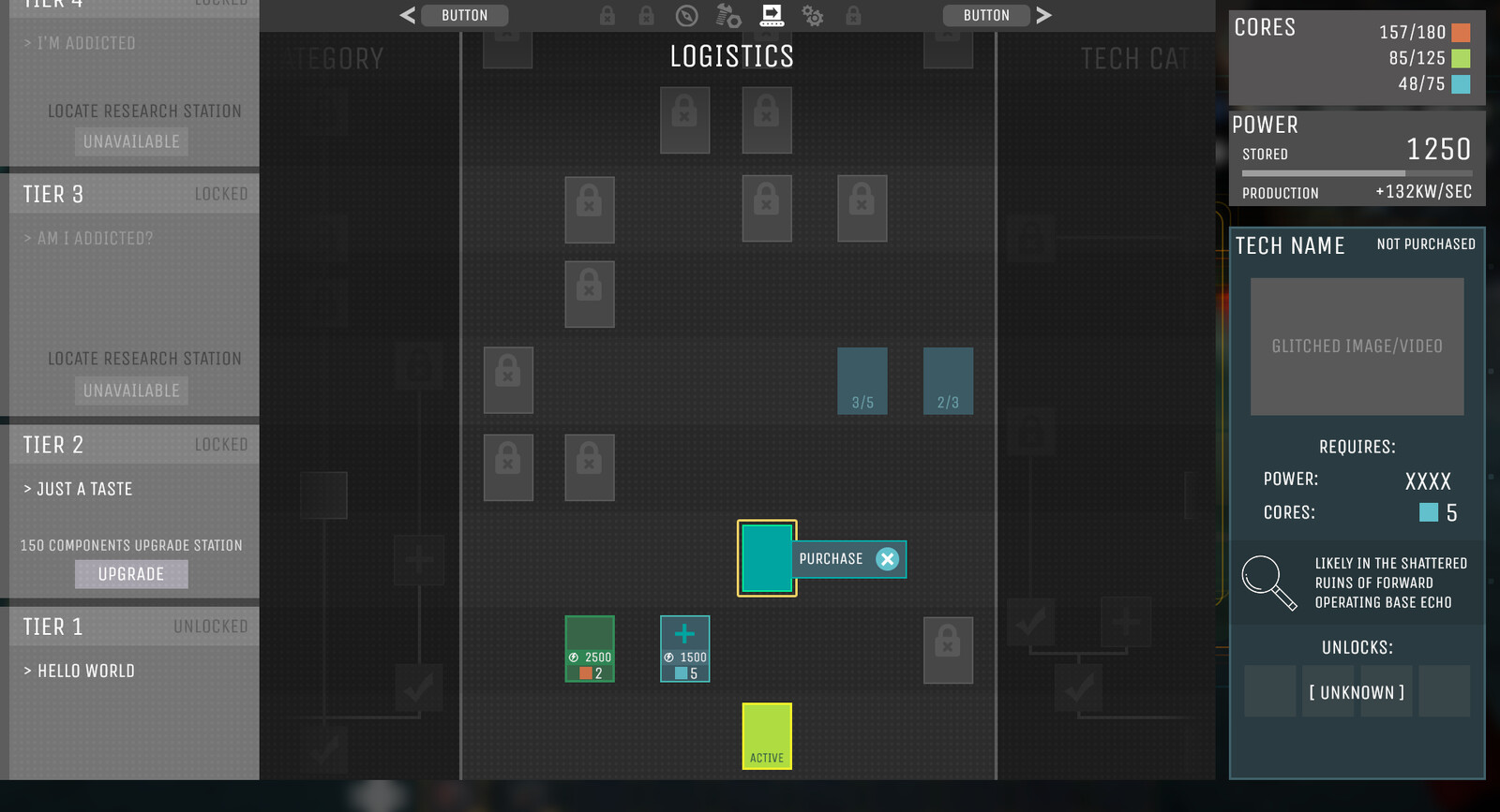 As we dove into what kind of information we wanted to display on the tech cards themselves, it became clear that we needed more horizontal room for each tree. This was proven true, to an extent far surpassing this iteration, in fact.