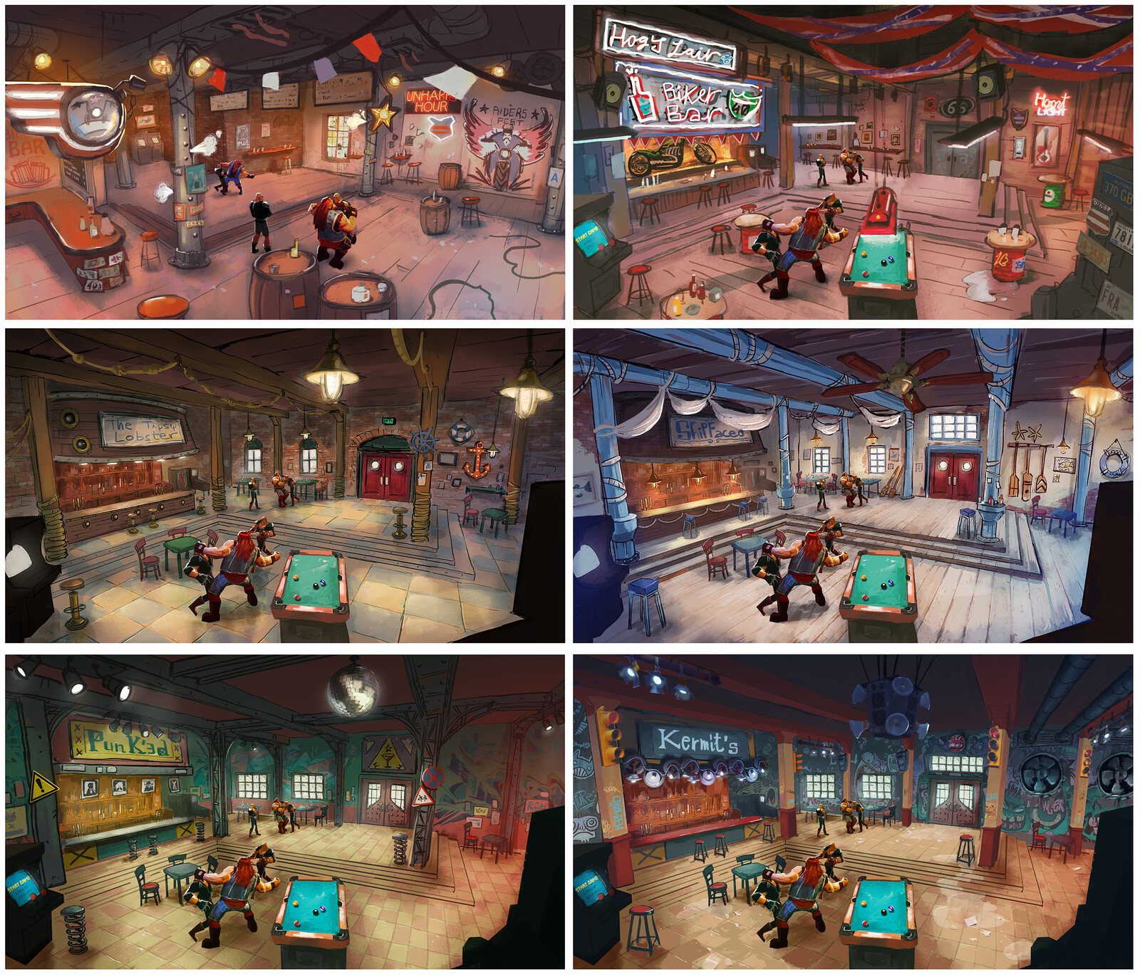Different Bar Themes - The idea was to keep the same structure but changing the style to create different theme variations -(Biker, Nautical, Punk)