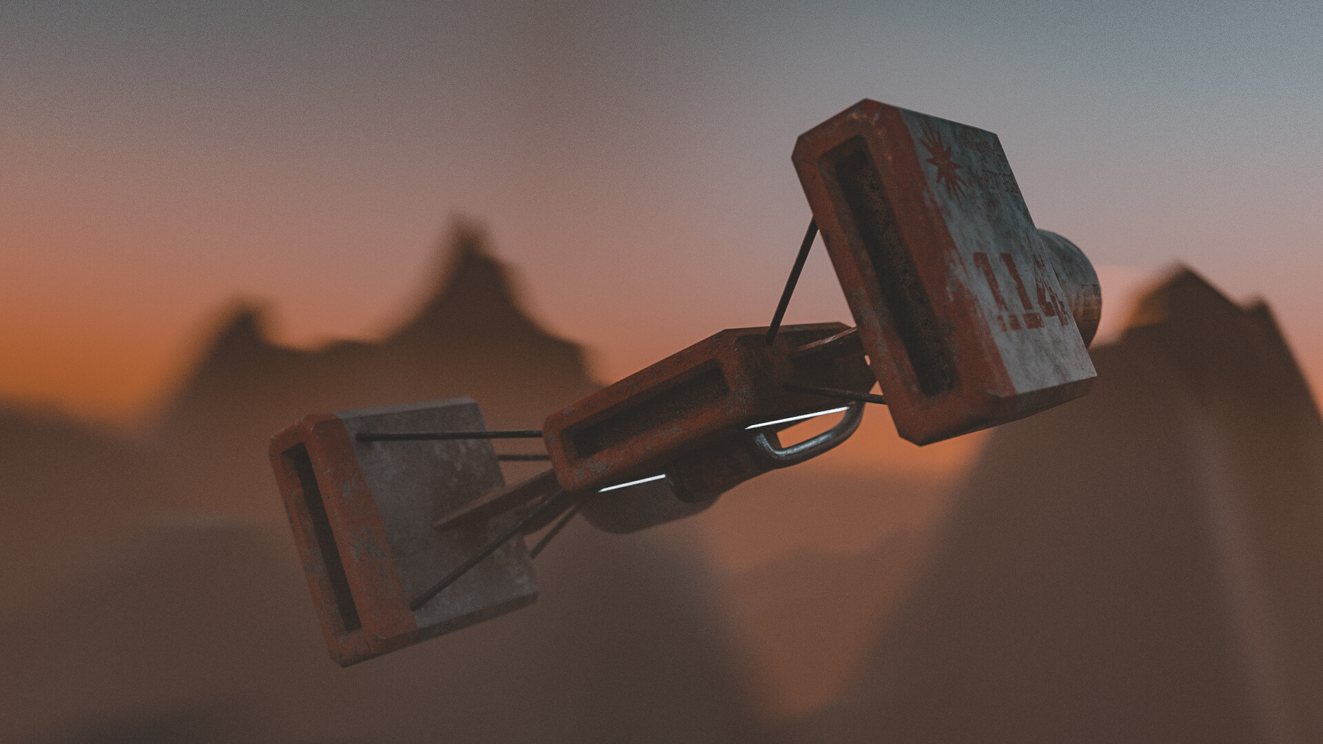 Hover1 - A hovering airship speeding past a martian landscape