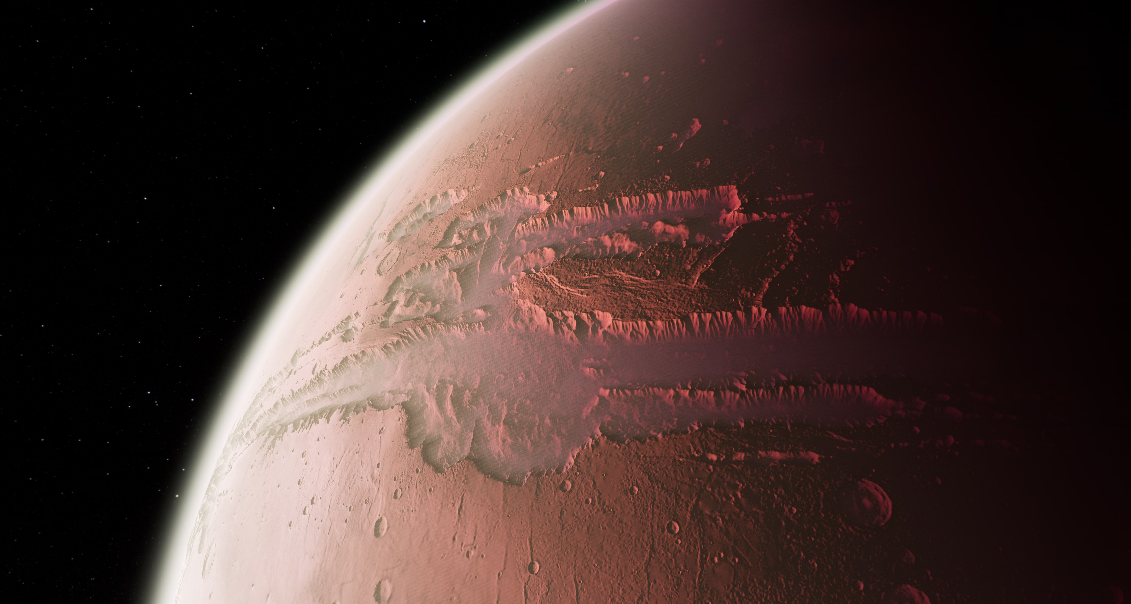 Concept render showing Mars with an artificially-thickened CO2 atmosphere