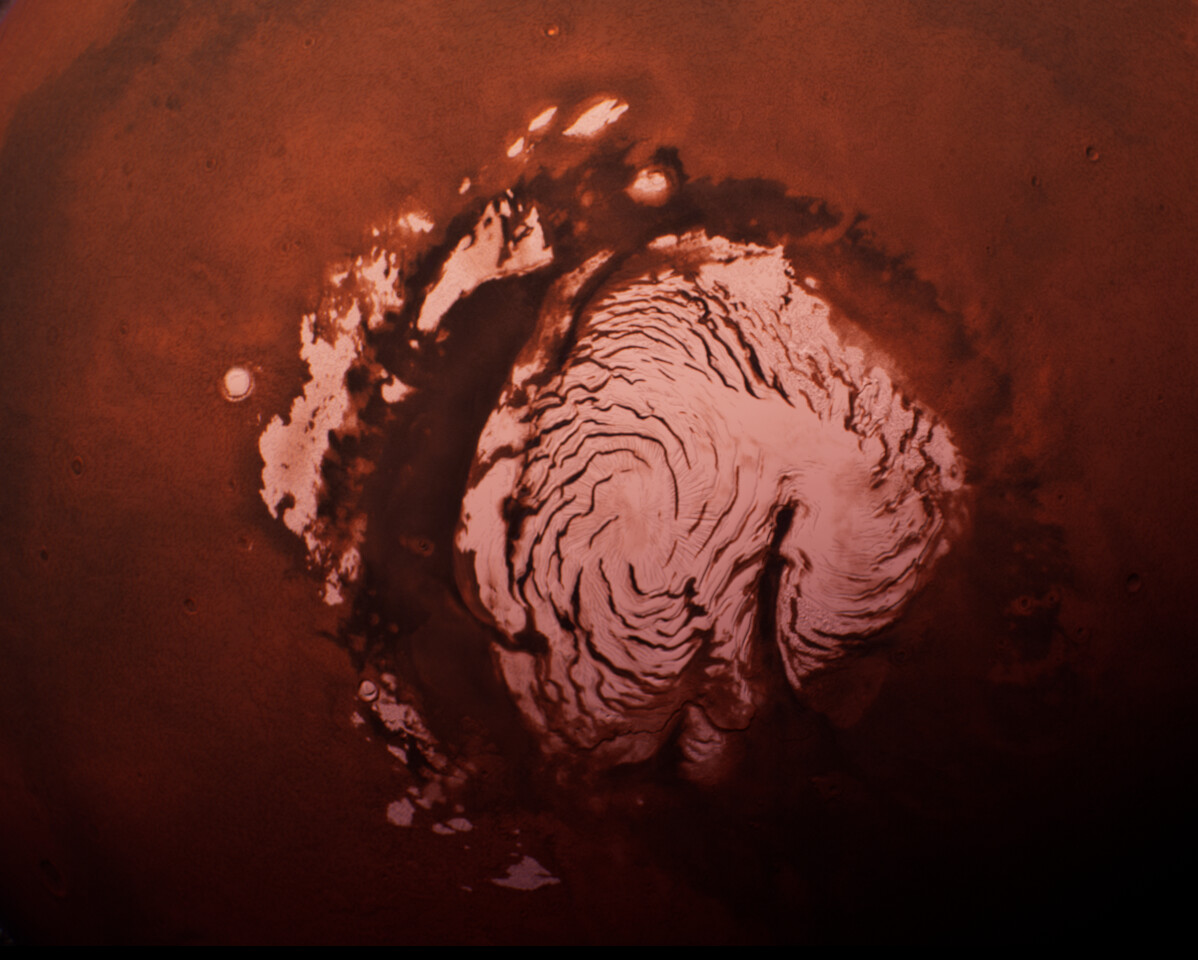 Mars' North Polar ice cap. 
We were able to eliminate most distortion caused when equirectangular projected data is mapped to a sphere by applying slight corrections to the transformation to six separate cubemap tiles