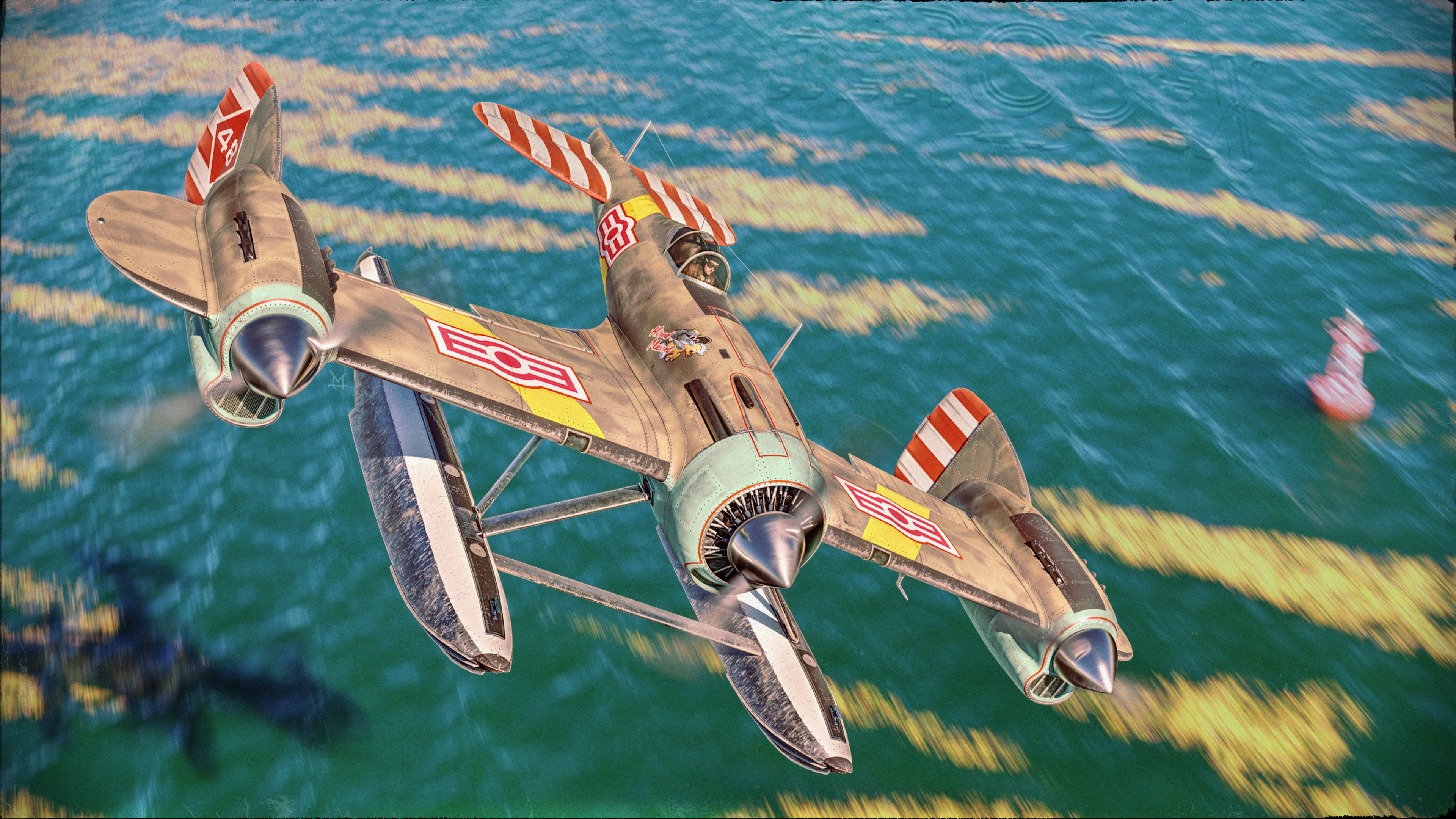 A GA-7 Bantam in Hoox Defence Union colors, skims above the the vast greasekelp fields of Hoox while on patrol.