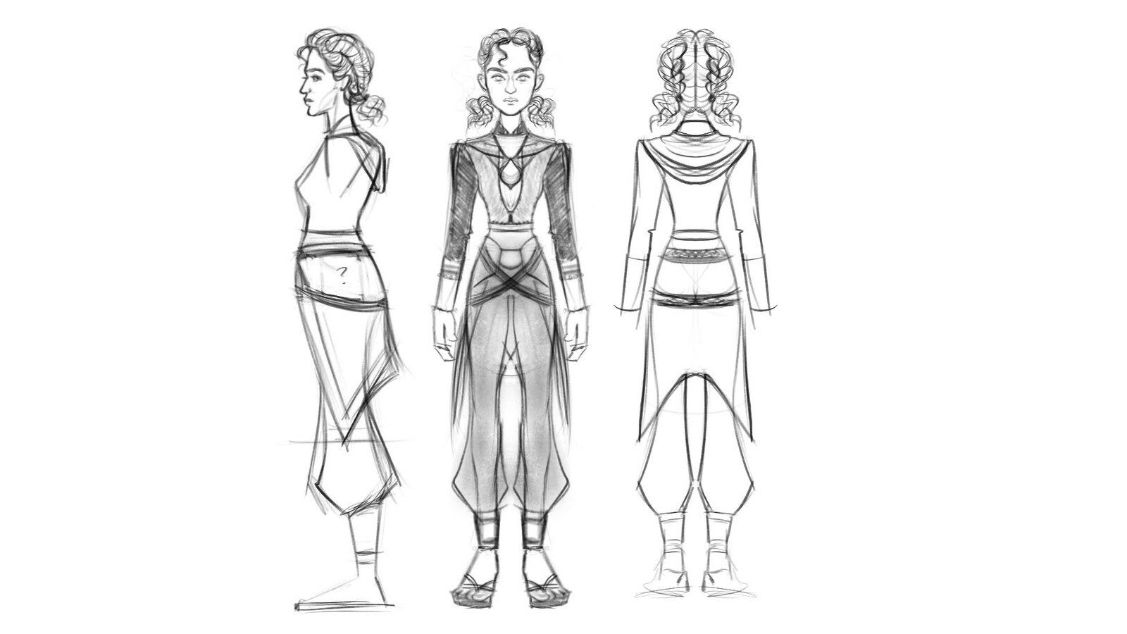 I sketched a rough turnaround to get a picture of Shayda's hair, clothing, and facial features.  I wanted to depict a adventure/fantasy character with influences from the Middle East/ North African region of the world. 
