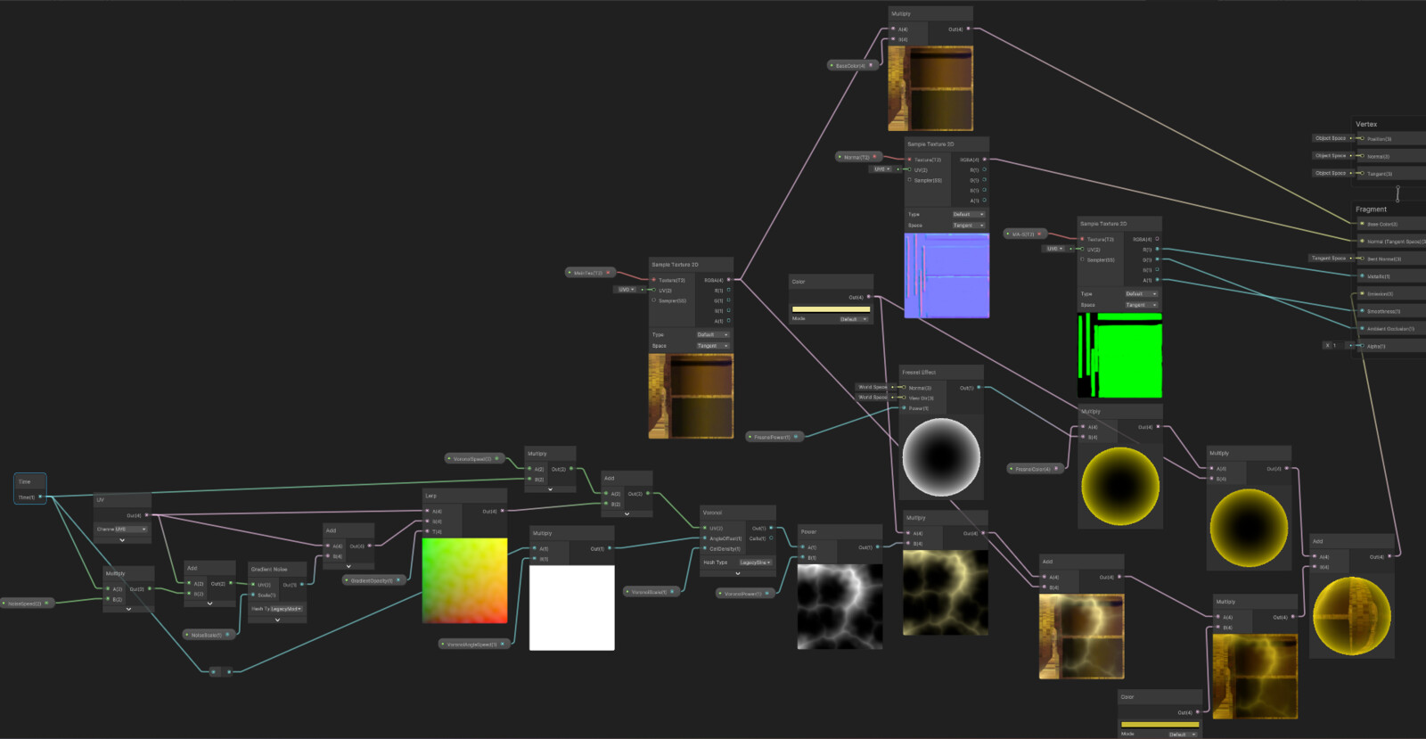 Here is the shader graph with the scrolling voronoi noise and the fresnel effect.