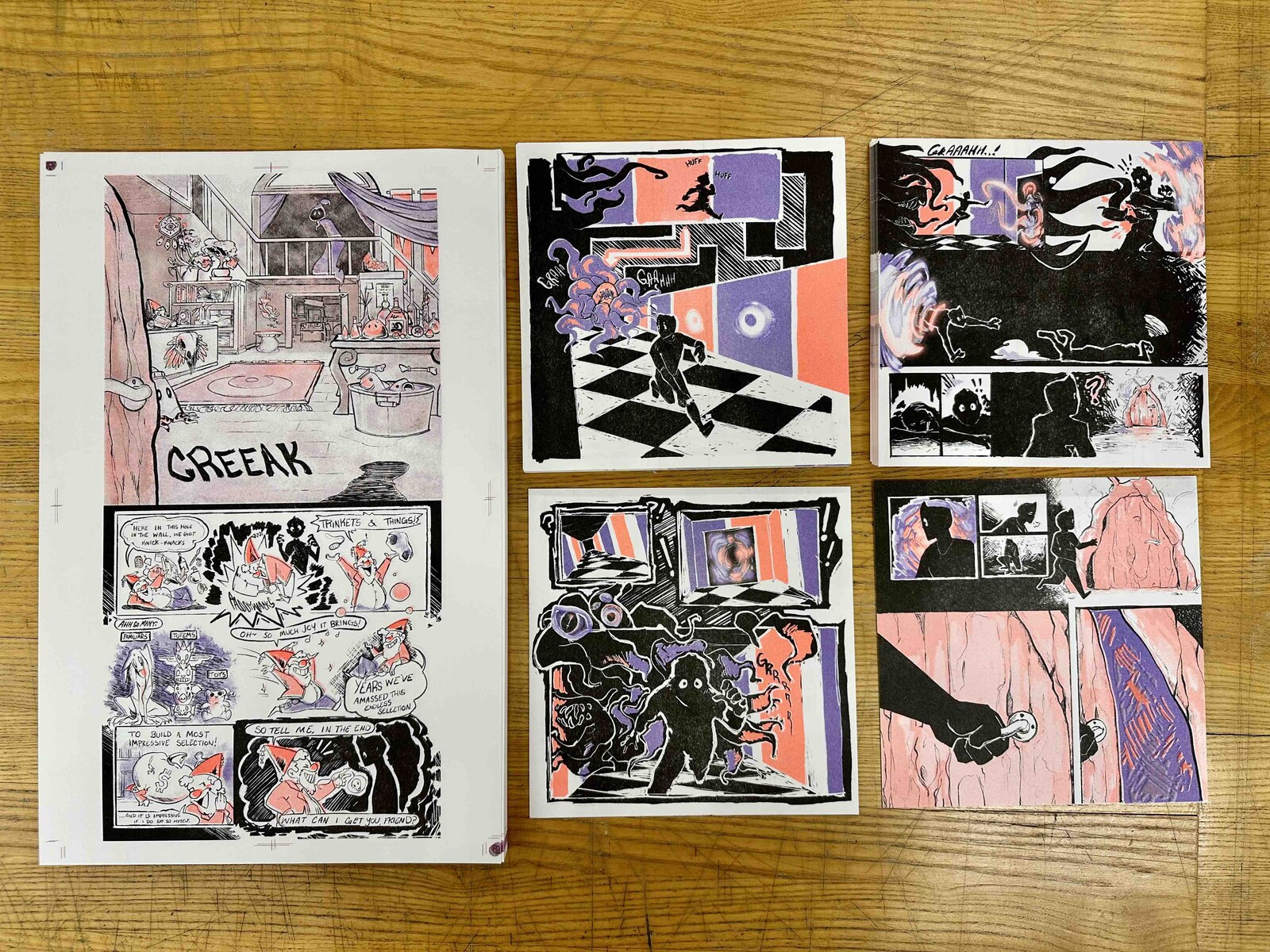 Another angle of some printed pages, some cut, some not.