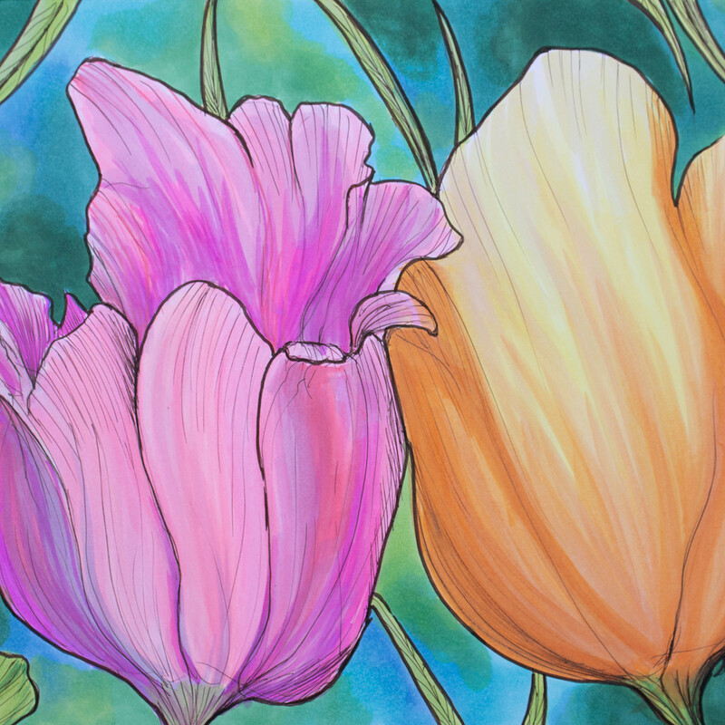 Reflected Tulips - 9"x12" Marker Drawing