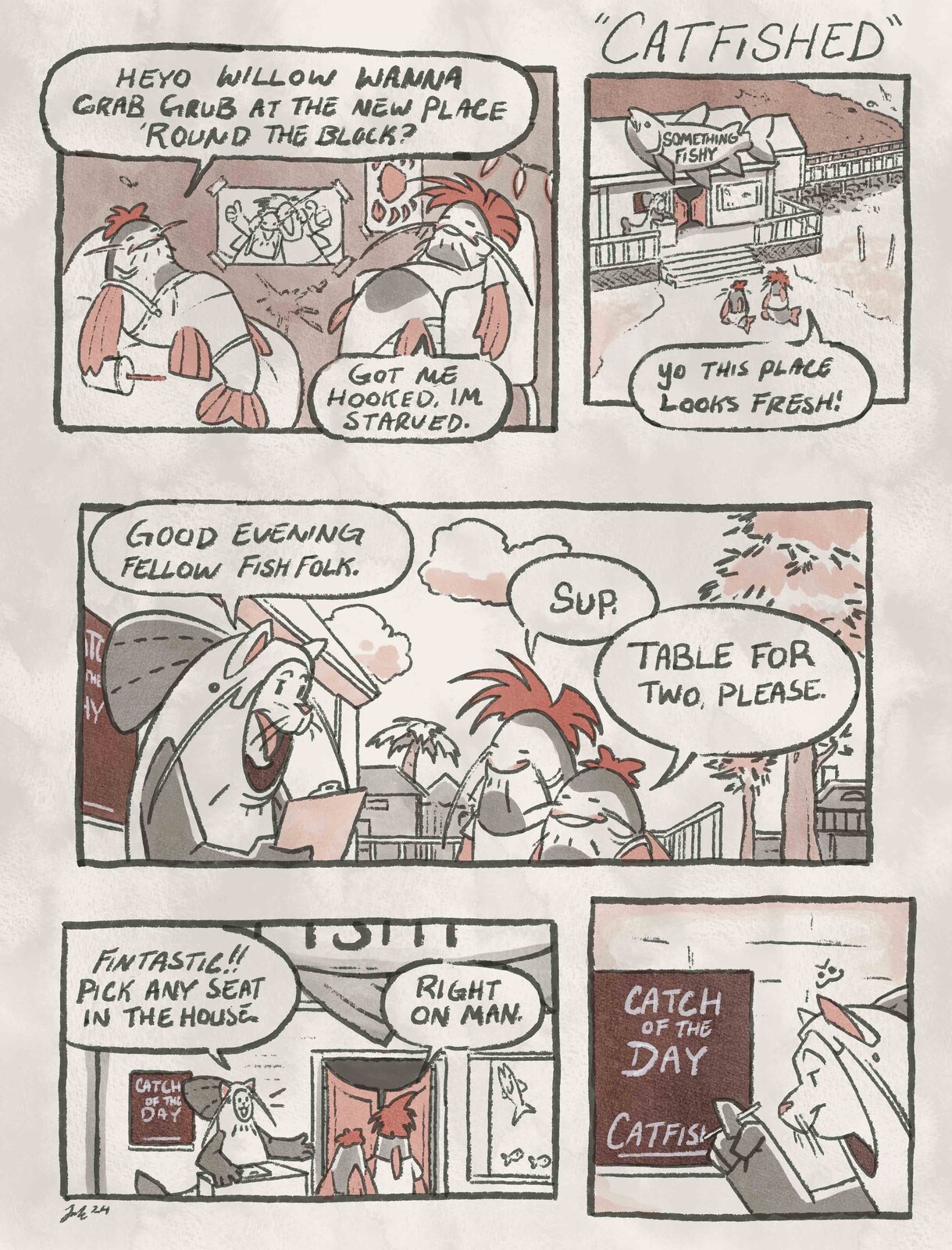 A one page comic about two oblivious catfish named Pussycat and Willow.