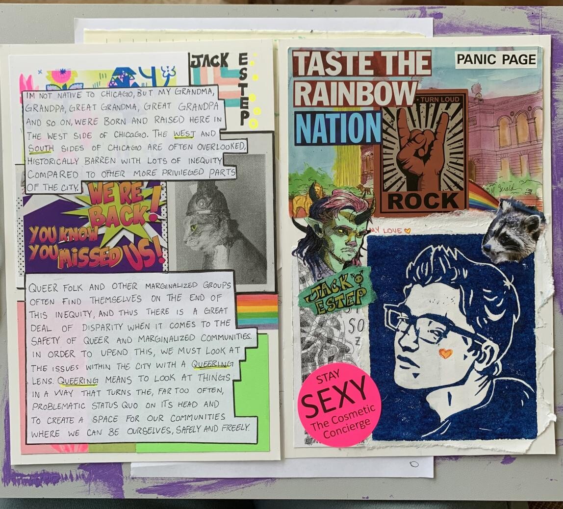 Spread of the original pages that went into the "Queering Chicago" zine.