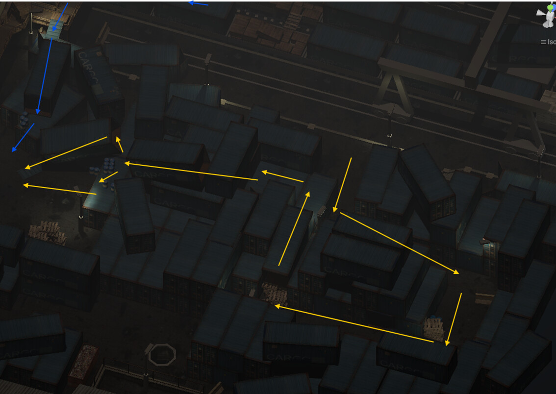 The container area can be bypassed entirely if the player climbed the broken ladder in the previous segment. This choice allows them to skip the maze-like section and proceed directly to the next location.