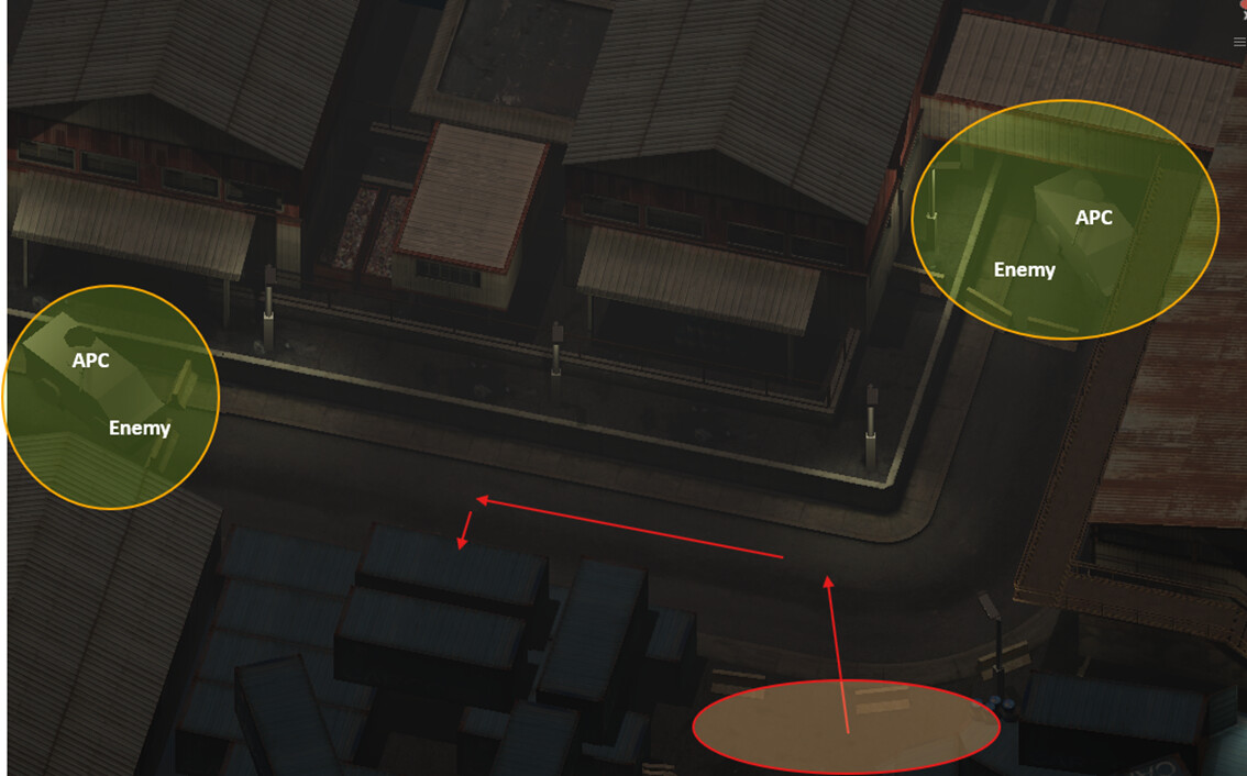 In the Turn zone, the player faces enemy waves from both sides. Afterward, APC1 with a machine gun forces them left, but APC2 blocks the path, driving the player into the Sewer zone.
