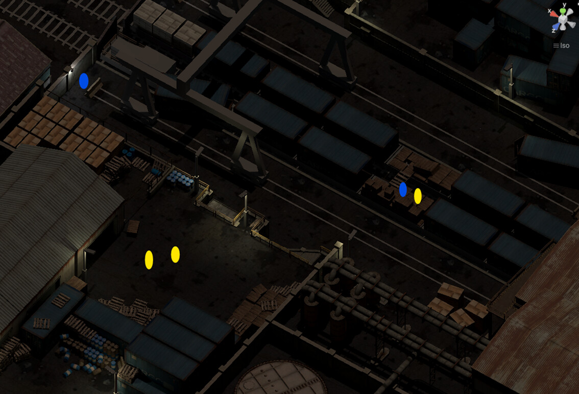NPCs and enemies include:  

- **Yellow Units**: Infantry with pistols.  
- **Blue Units**: Infantry with SMGs.  
- **Red Units**: Infantry with carbines.  
- **Green Units**: APCs equipped with machine guns.  

Approximate locations are marked in the pro