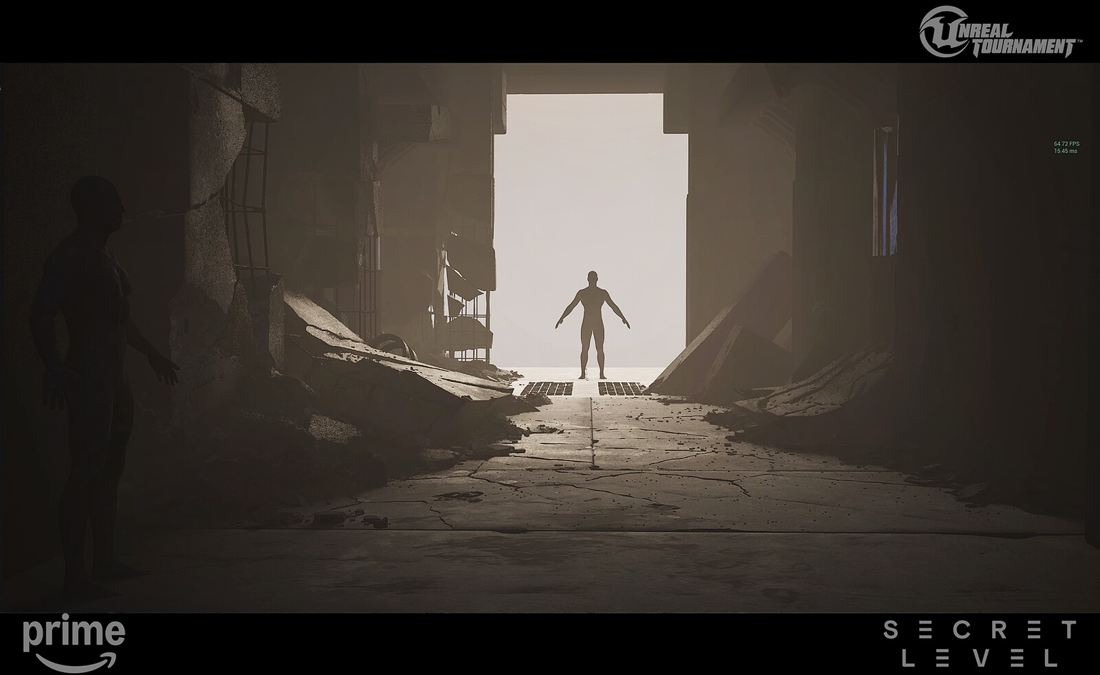 Early lighting test for the destroyed hallway to assess how materials and geometry interact with light.