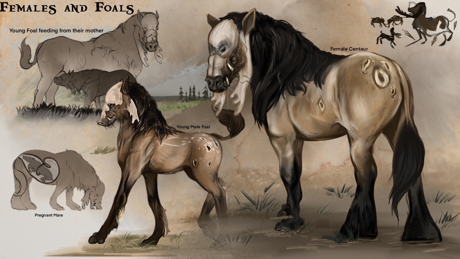 Centaurs display sexual Dimorphism - as centaurs are generally mythologically depicted as male. As such the female has very small facial protrusions. Their fur sports spots that mimic eyes, these patterns help them keep predators at bay.