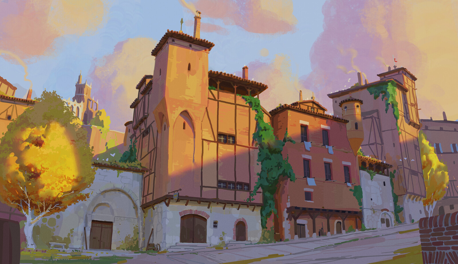 Sunset (the lighting is achieved mostly through adjustment layers on top of an "AO" painting, for more flexibility.)