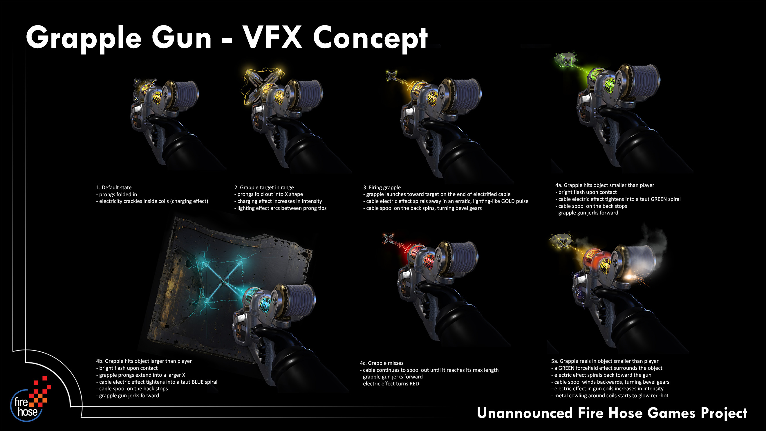 A breakdown of how color and animation could provide extra feedback to the player when using the grapple gun.