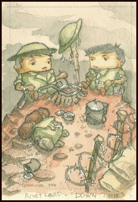 A watercolor where I just wanted to show some day to day life in the trenches.