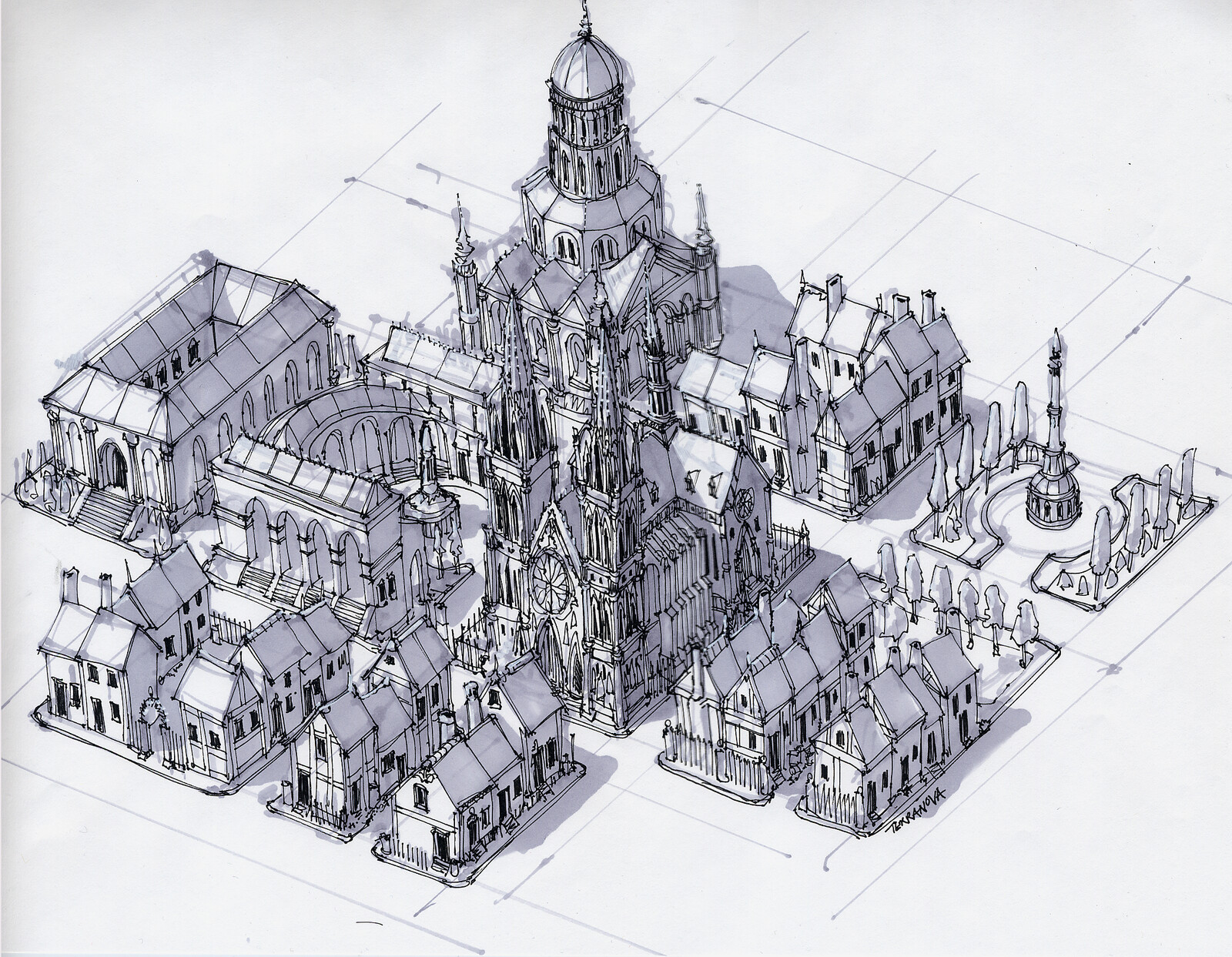 Here's a city concept I did. There was a lot of iterating on how buildings and roads might be laid out automatically.