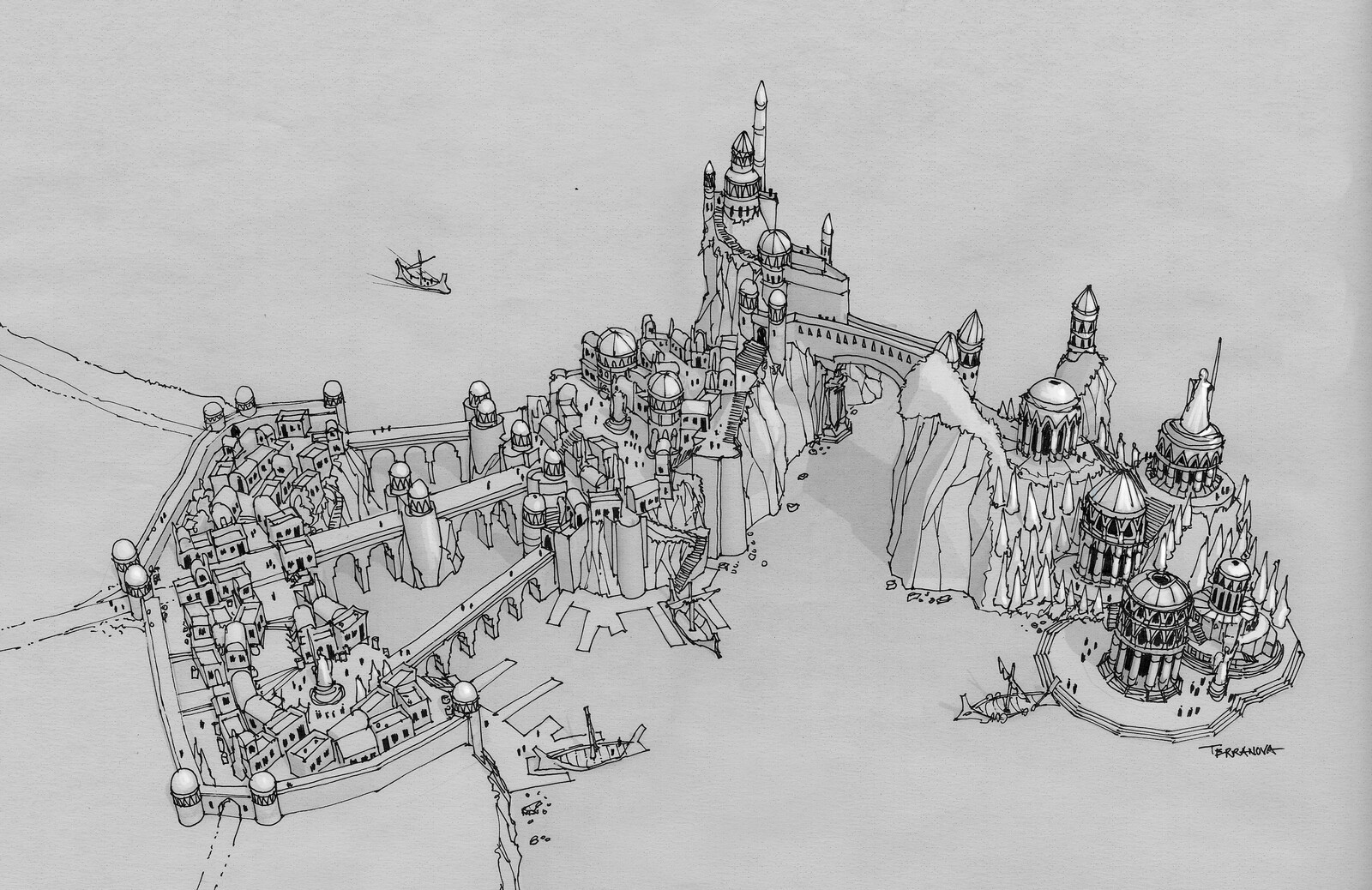 I did this sketch early on in development. It was to be the starting city where the hero is brought ashore and then makes their way up to the castle.