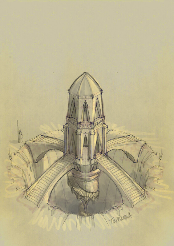 This was an early concept I did for the Alin buildings and their supports above the pits.