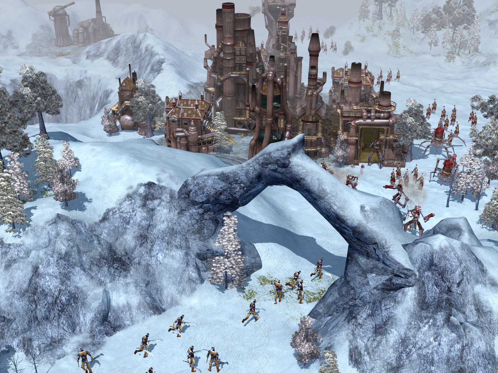 A screenshot of a battle in the snow outside a Vinci city. The art team came together to create snow assets to allow for different weather.