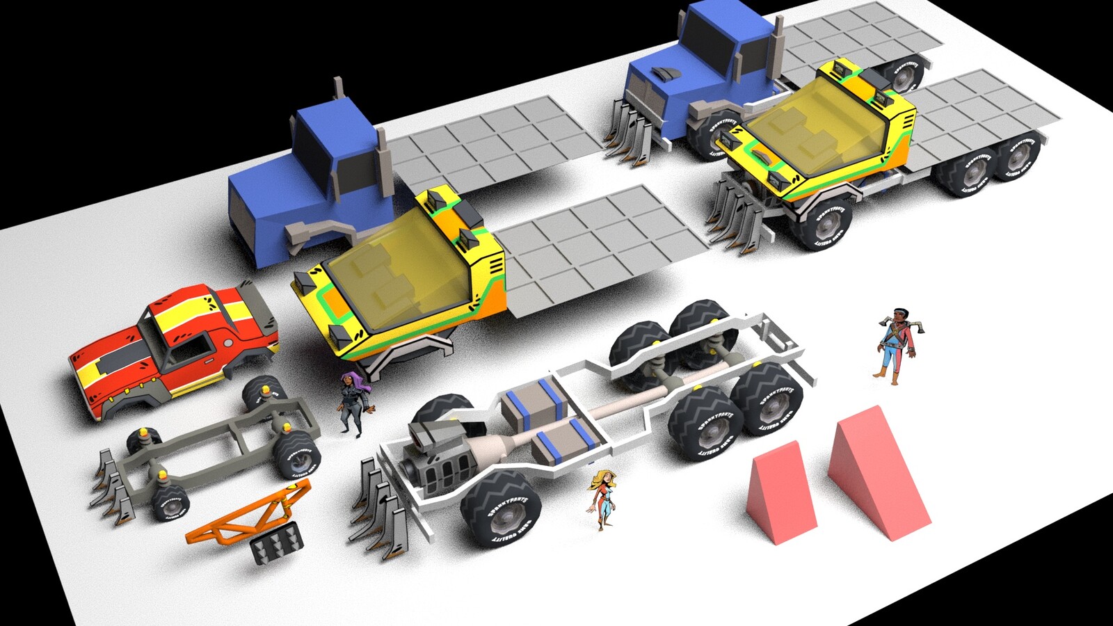 I modeled the vehicles as separate components so that parts could be mixed and matched and upgraded.