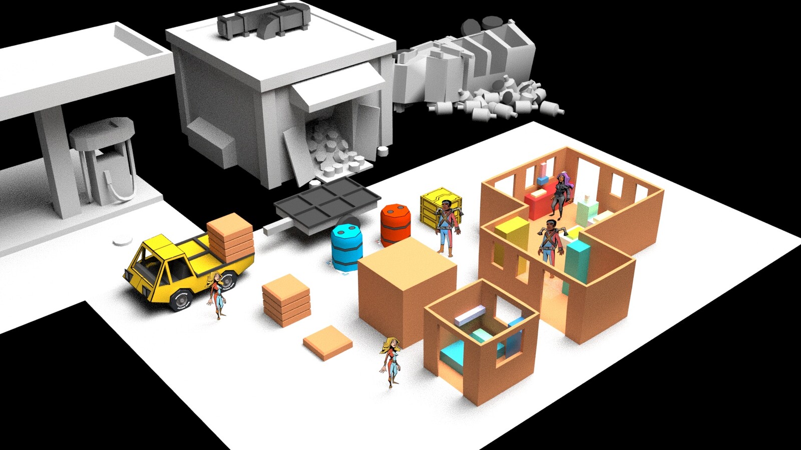 More iteration on modular buildings and removable roofs for viewing.