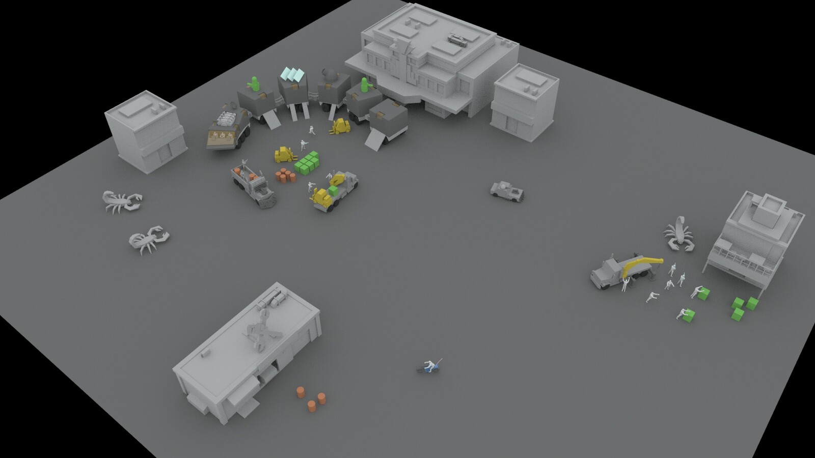 A more zoomed out mockup of how towns and buildings might be positioned to be searched, hold enemies and create barriers/obstacles.