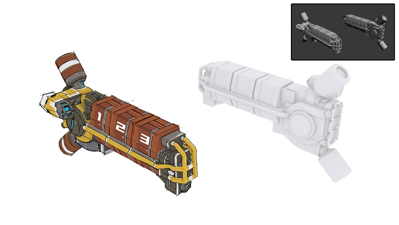 This is a sketch I did of the barge that would ferry the mechs from different locations. I mocked this up in 3D to get a general working shape. 