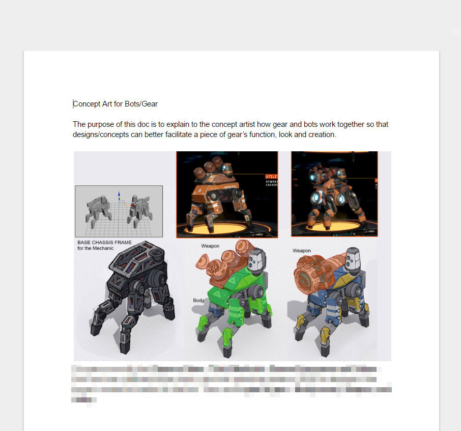 We had to create hundreds of pieces of gear for Dropzone. This required outsourcing of 2D and 3D assts. This is one of many sheets I put together to explain to contractors what they were doing and how their work would fit into the final game.