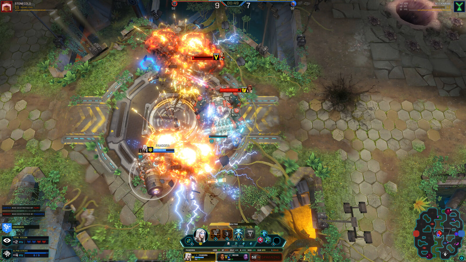 An in-game screenshot showing environments, mechs and effects all created by the combined efforts of the team.