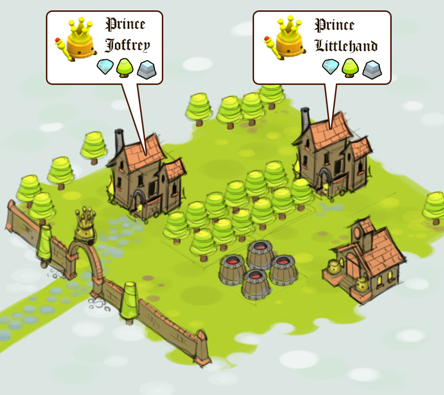 A sketch I did of some houses that might represent other players' starting points.