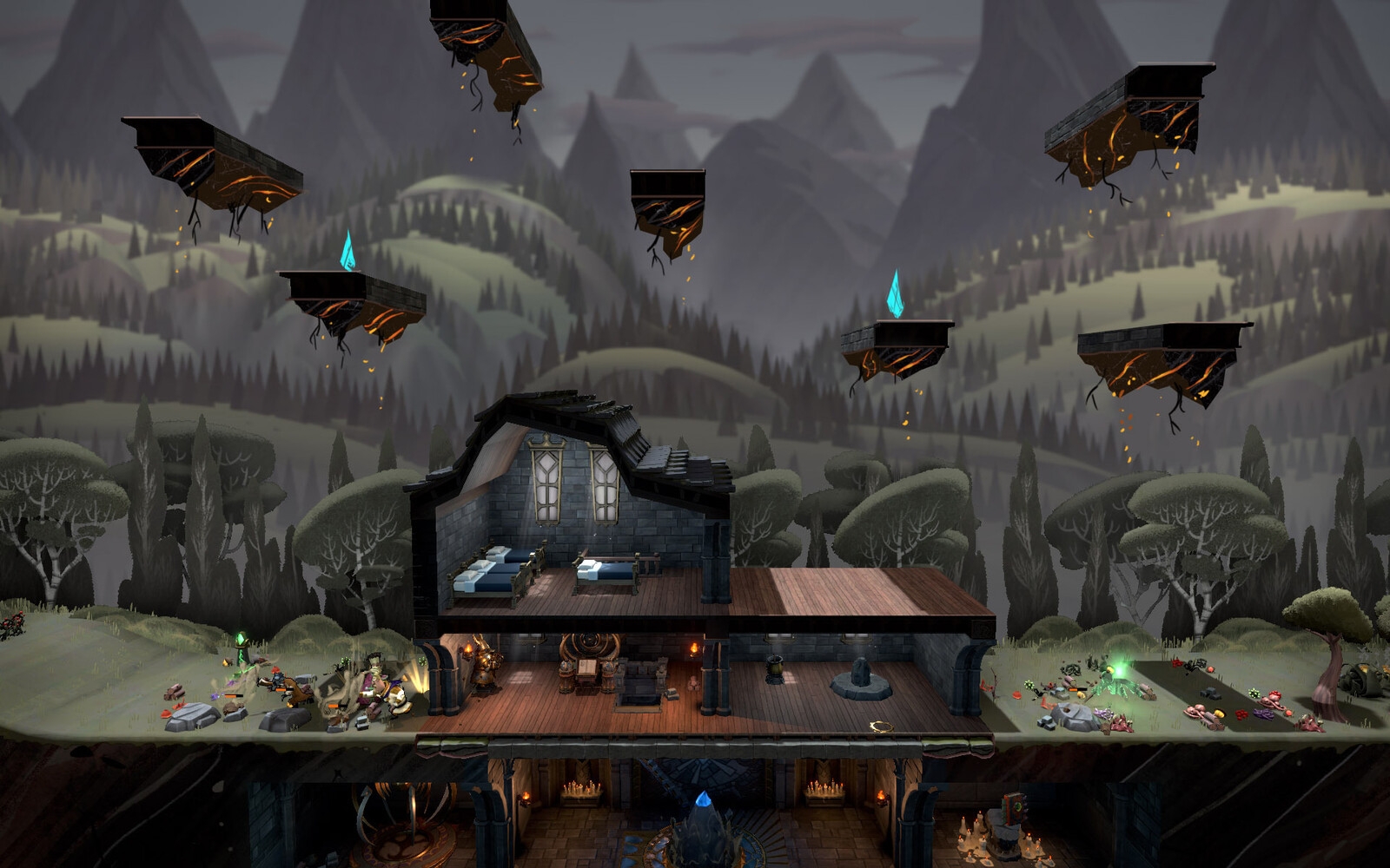 I did this paintover of a screenshot to show the idea of floating islands that the player could build to and then use for support.