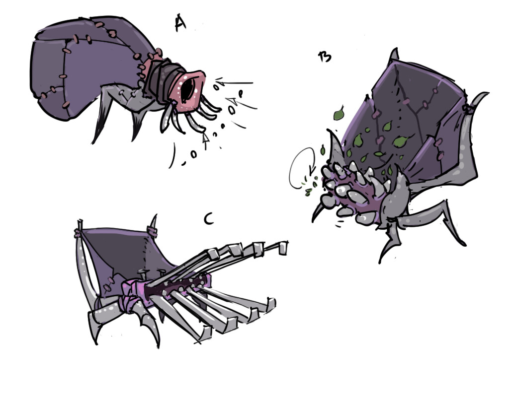 These are some sketches I did of helper creatures that might gather up debris such as leaves and dead plants.