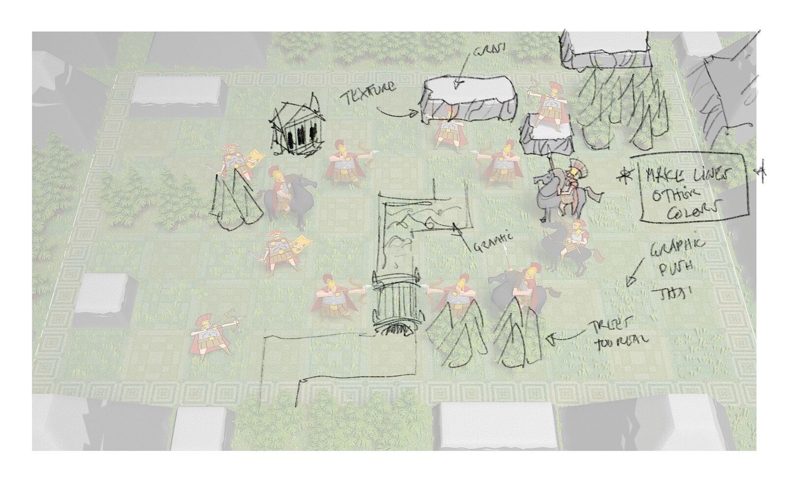 Here I was planning out how we might add details to the map. Some would be functional like bridges and others would be stylistic and just detail.