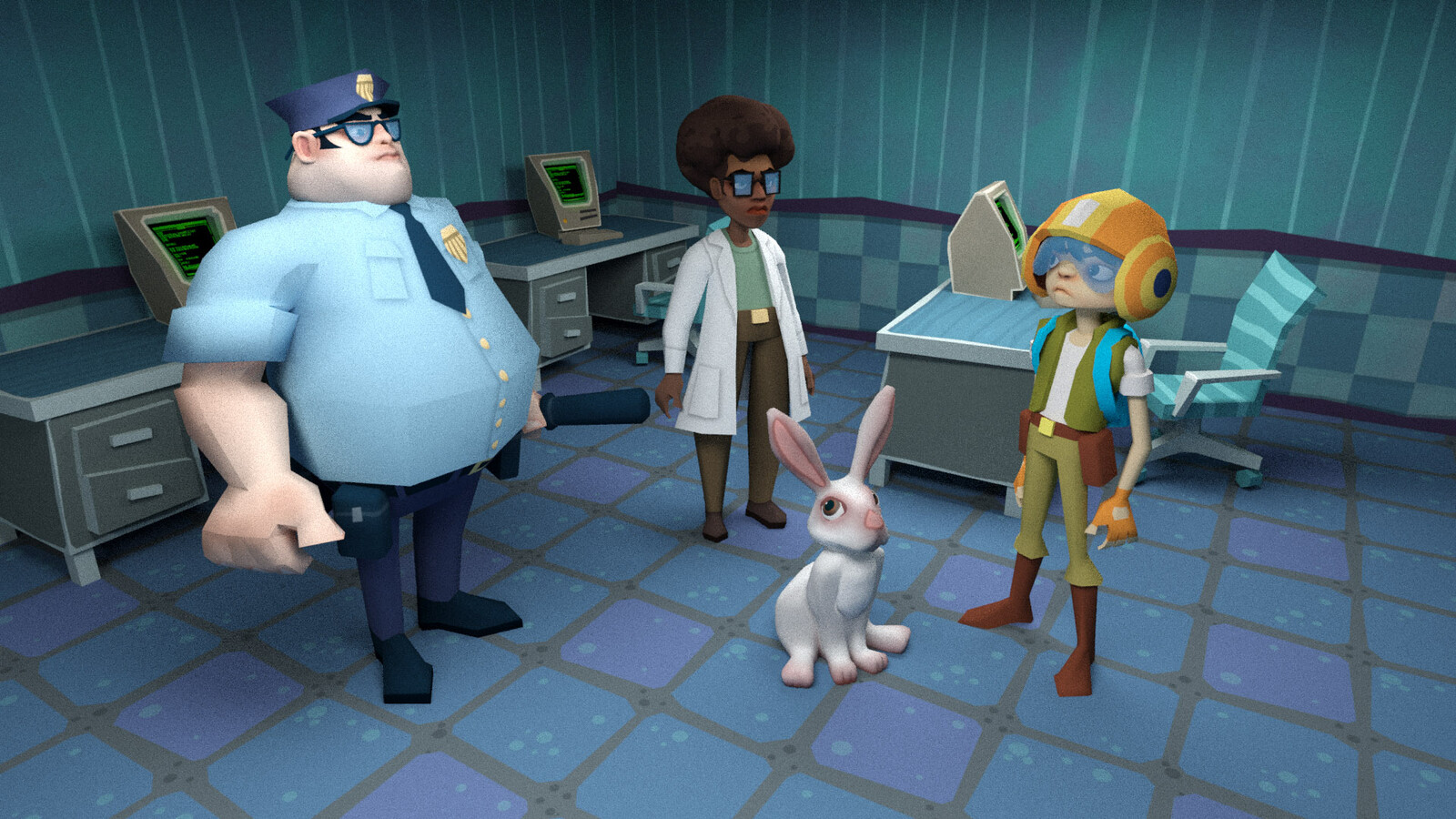 A simple 3D scene with some characters and furniture I modeled and textured. 