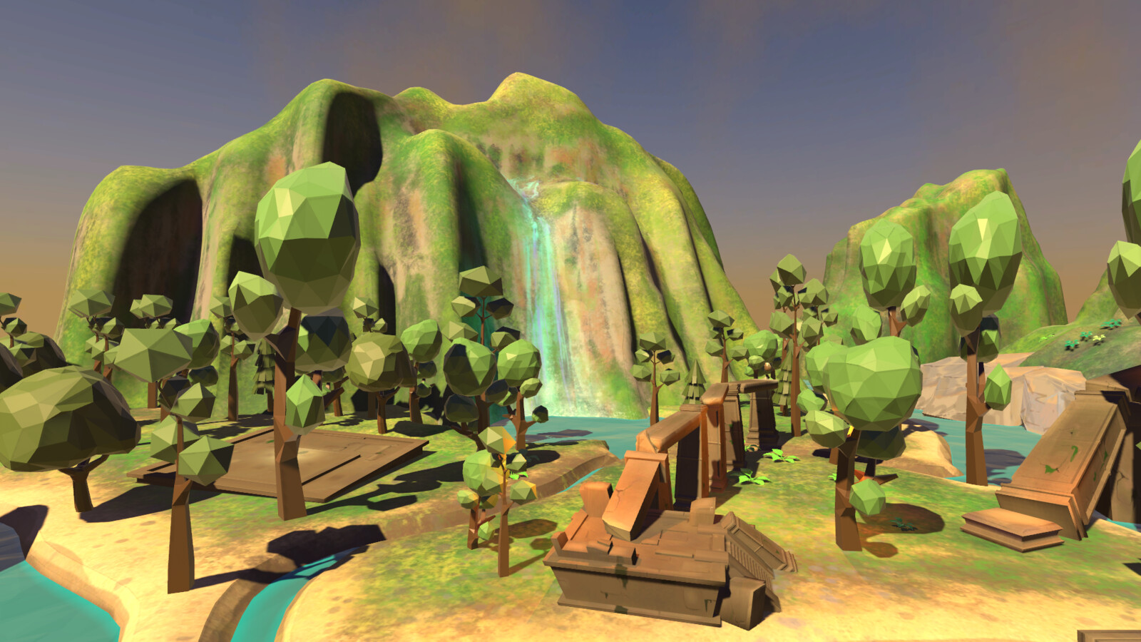 View of waterfall and jungle ruins.