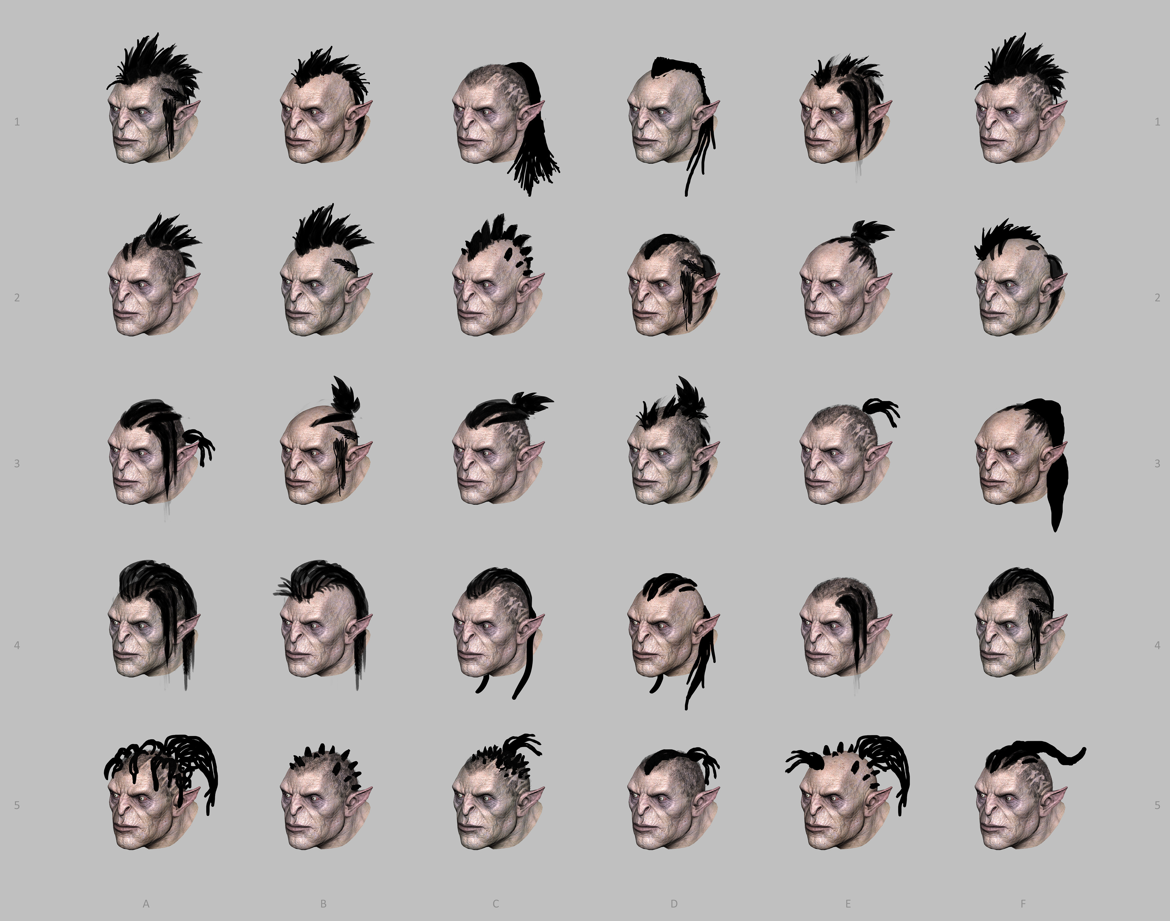 Orc Barbershop! Designs for hairstyles that could be mixed and matched to create a lot of variety.