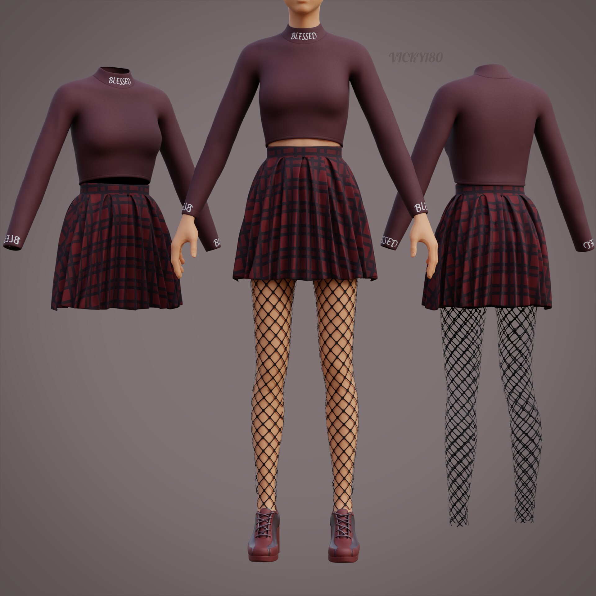 ArtStation - Fishnet Outfit - Turtleneck Crop top Plaid Pleated Skirt ...