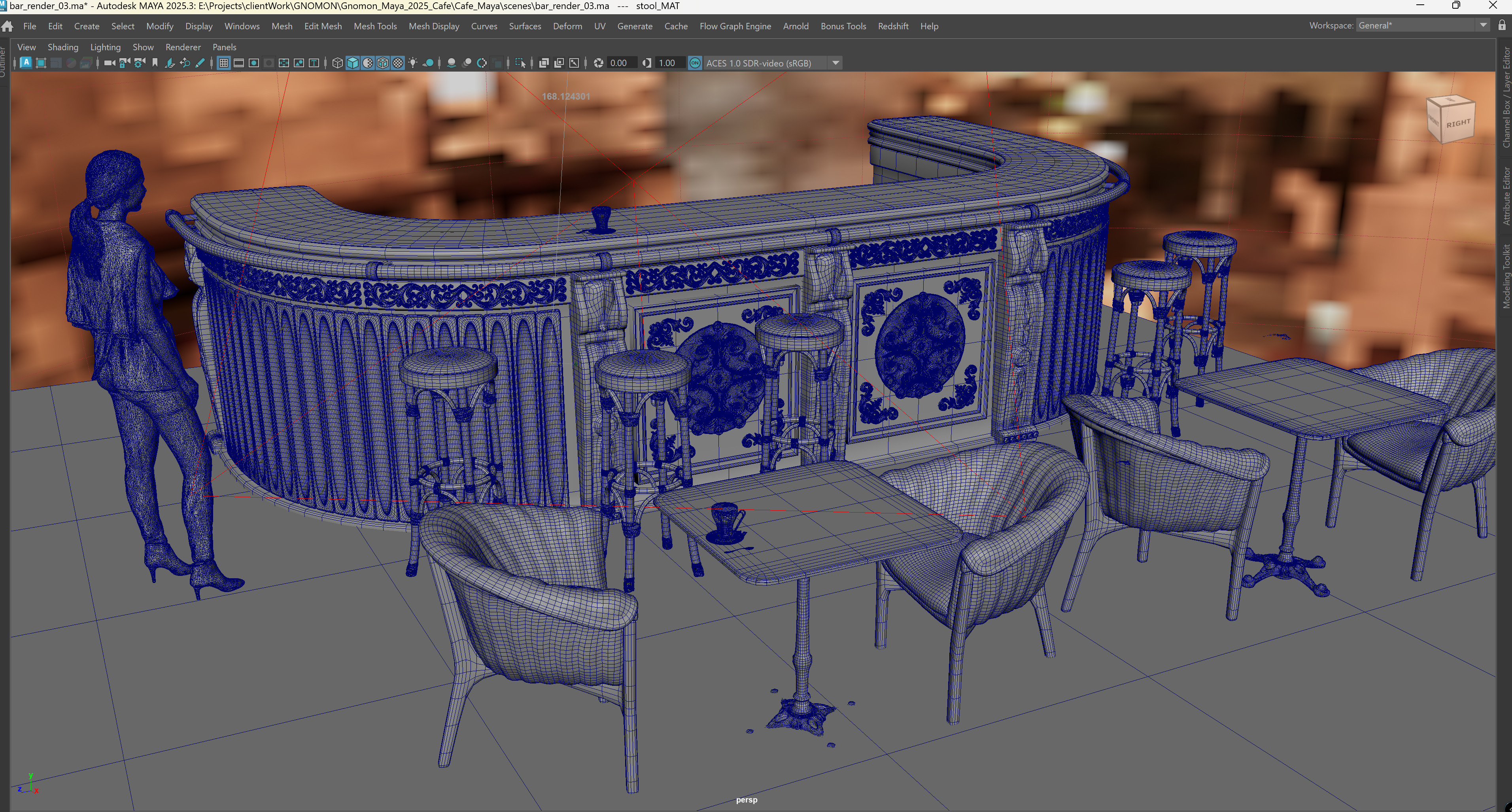 Bar scene in Maya. Character model is one of the stock figures that comes with Maya. 