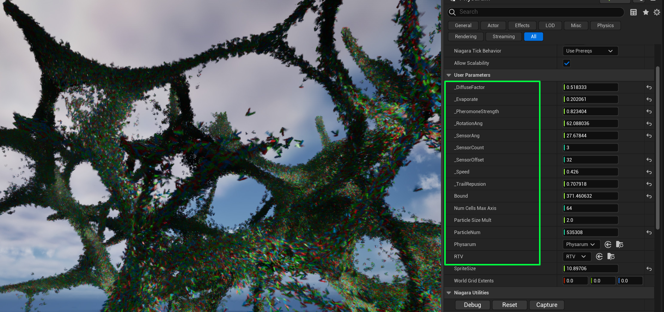 Adjustable parameters to change physarum simulation behavior dynamically