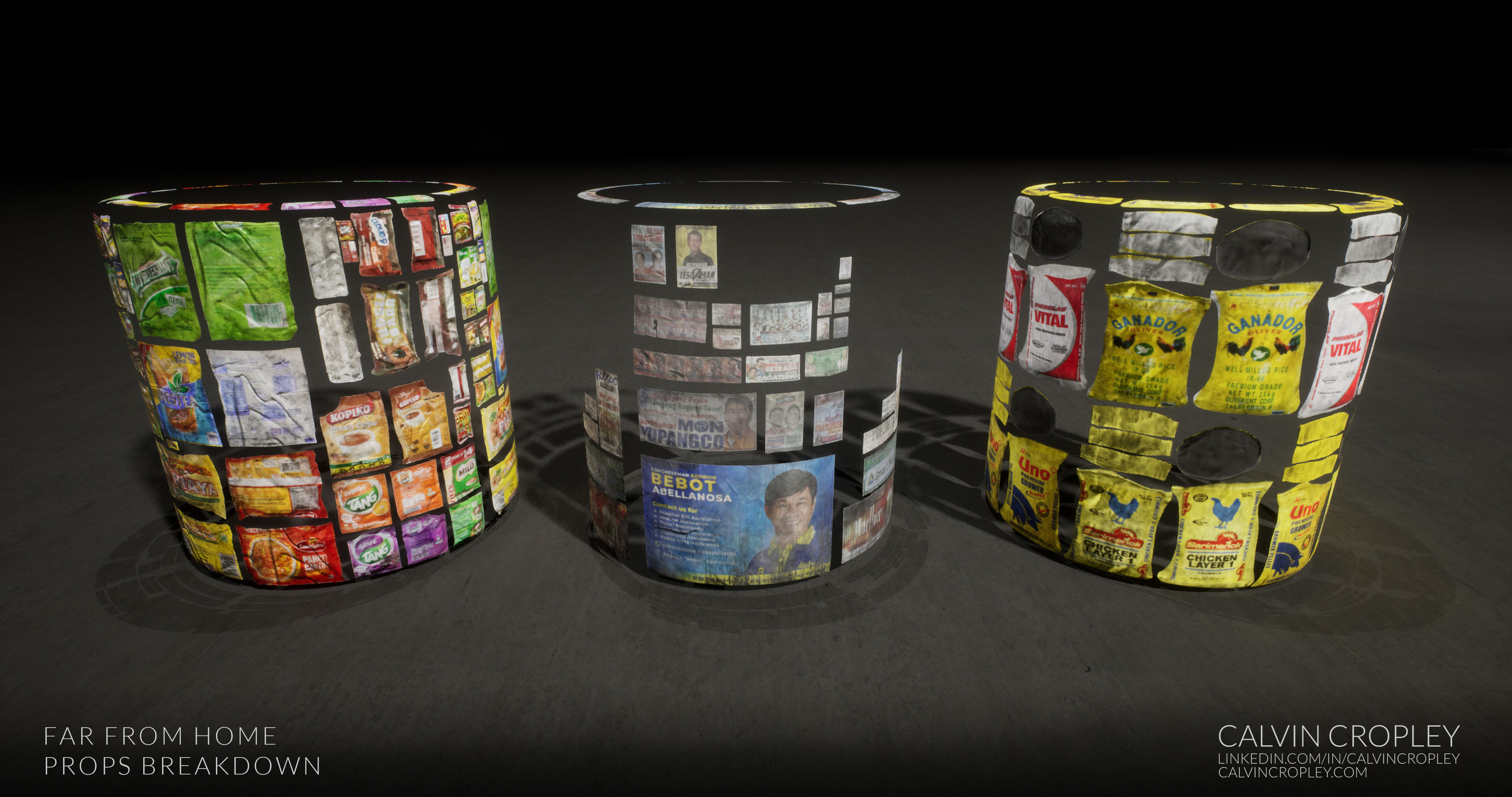 Unreal Engine:
Detailed food packaging, Trash, Posters, Rice Bags and Animal Food Products, showcasing realistic textures and optimized UV layouts for efficient in-game implementation