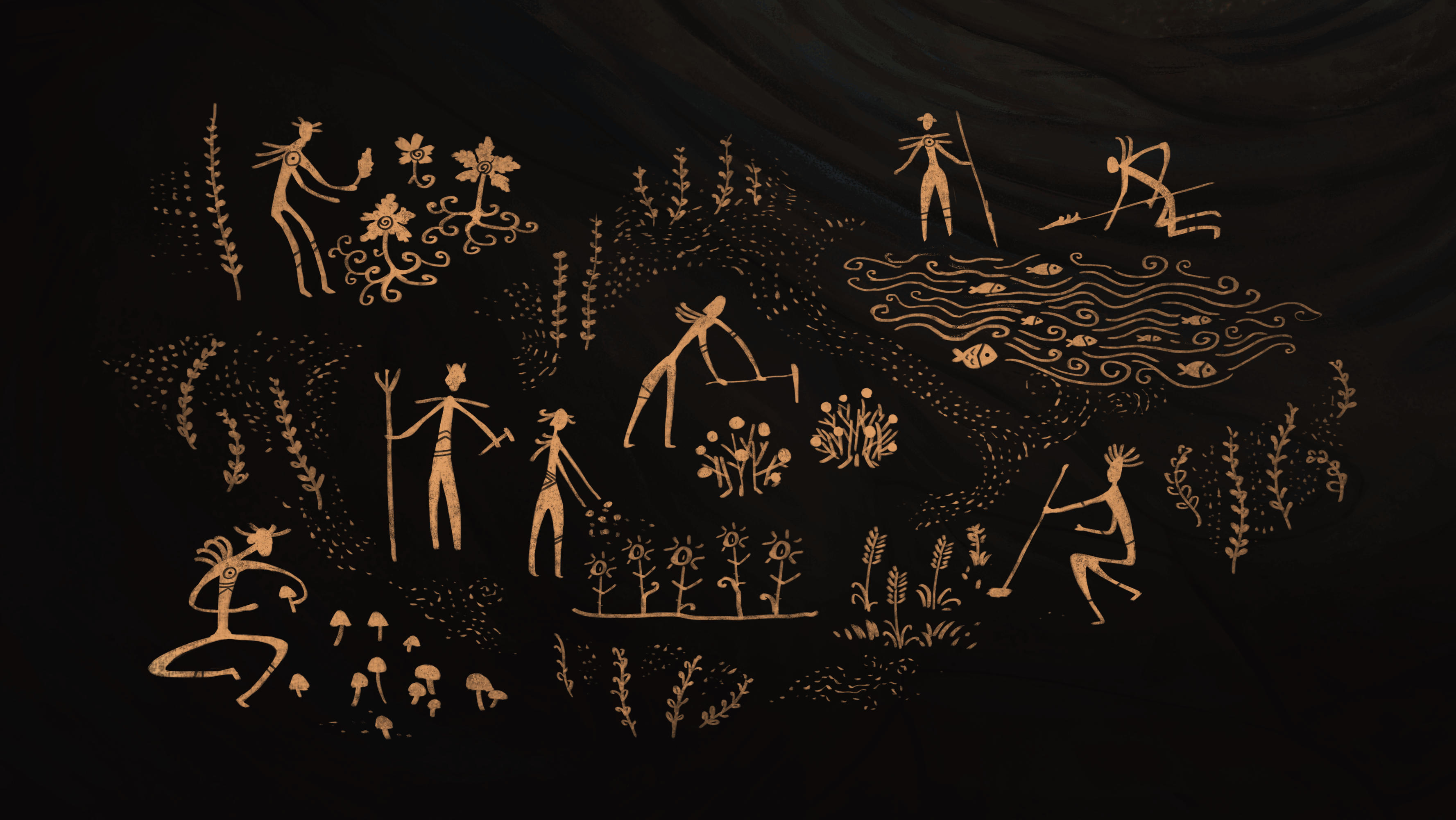 The tribe doing different activities. Foraging, harvesting, fishing