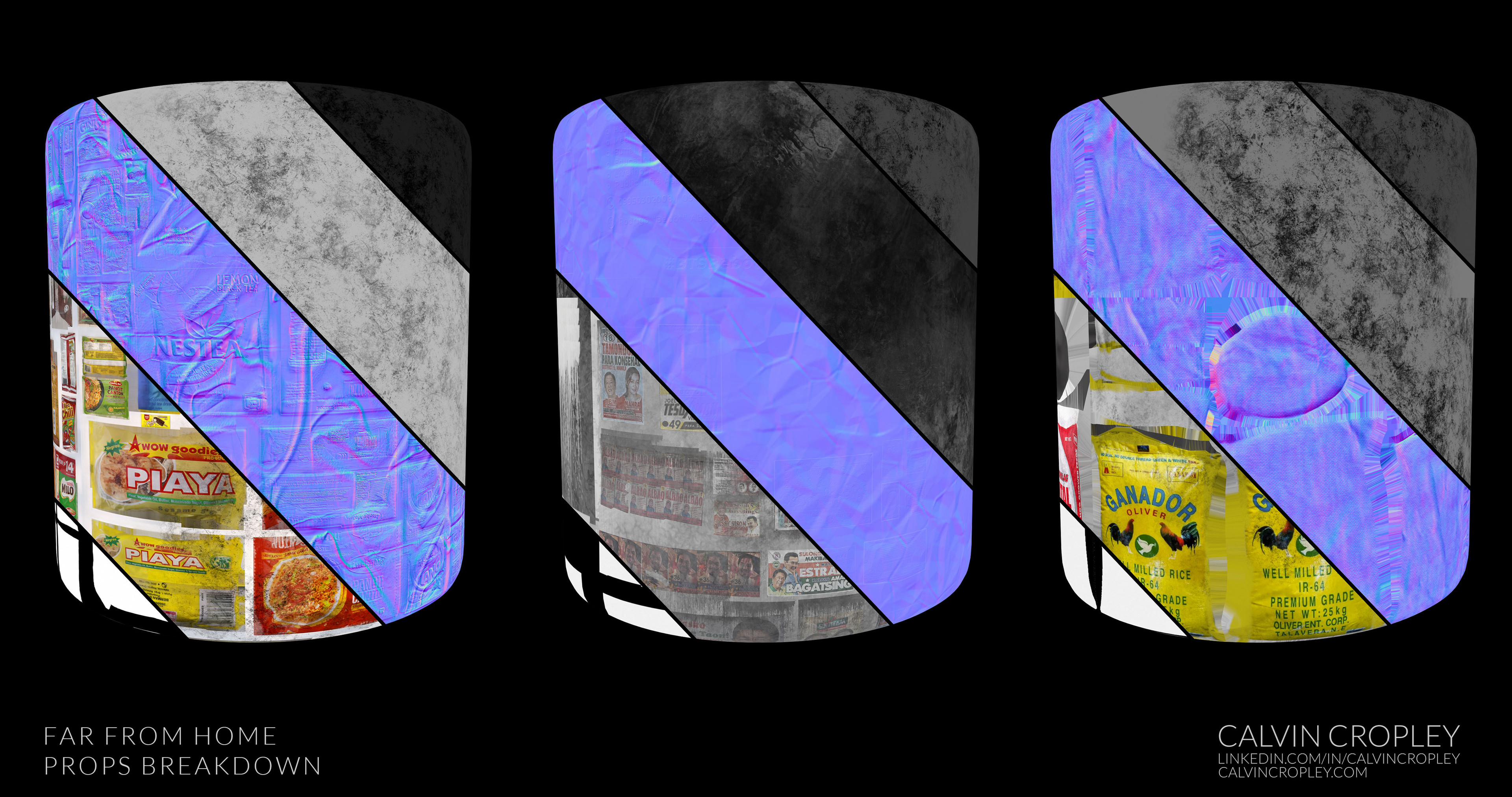 Breakdown of each material layer showcasing Alpha, Base, Normal, Roughness and Metallic.