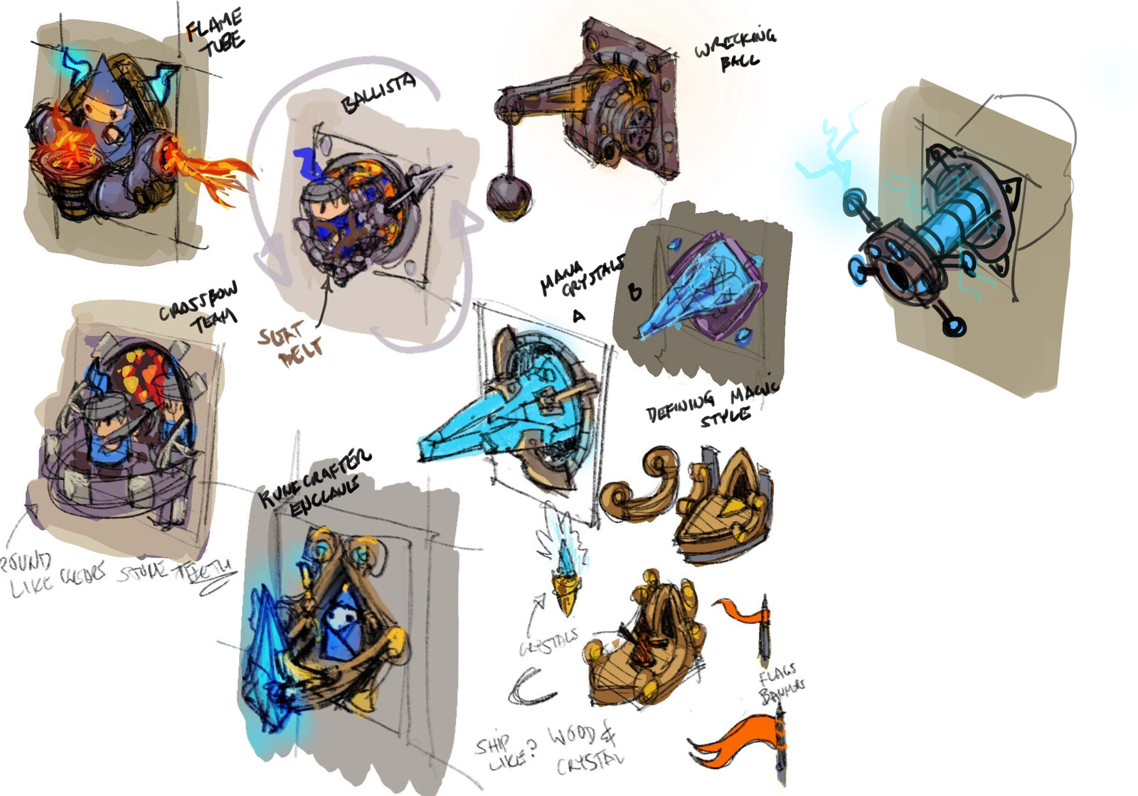 Some sketches I did of various defensive structures. The idea was to make them fun and functionally easy to understand.