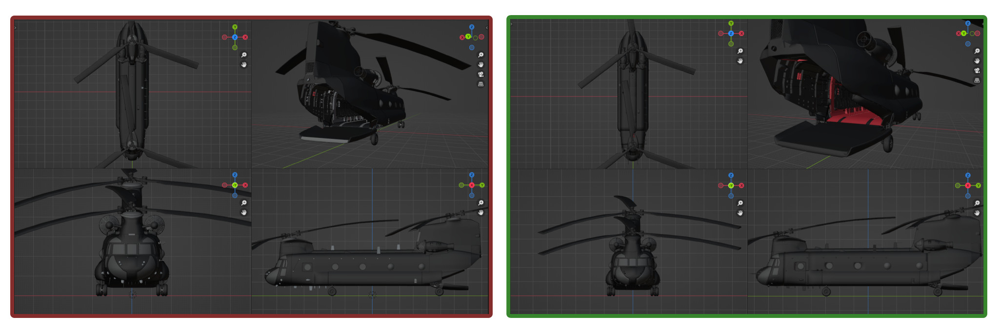 Chinook optimizations. (Reduced performance cost, with minimal impact to visual quality)

Before (red)
- 2.1m Triangles
- 2k Separate Objects
- 66 Materials

After (green)
- 0.9m Triangles
- 35 Separate Objects
- 14 Materials
