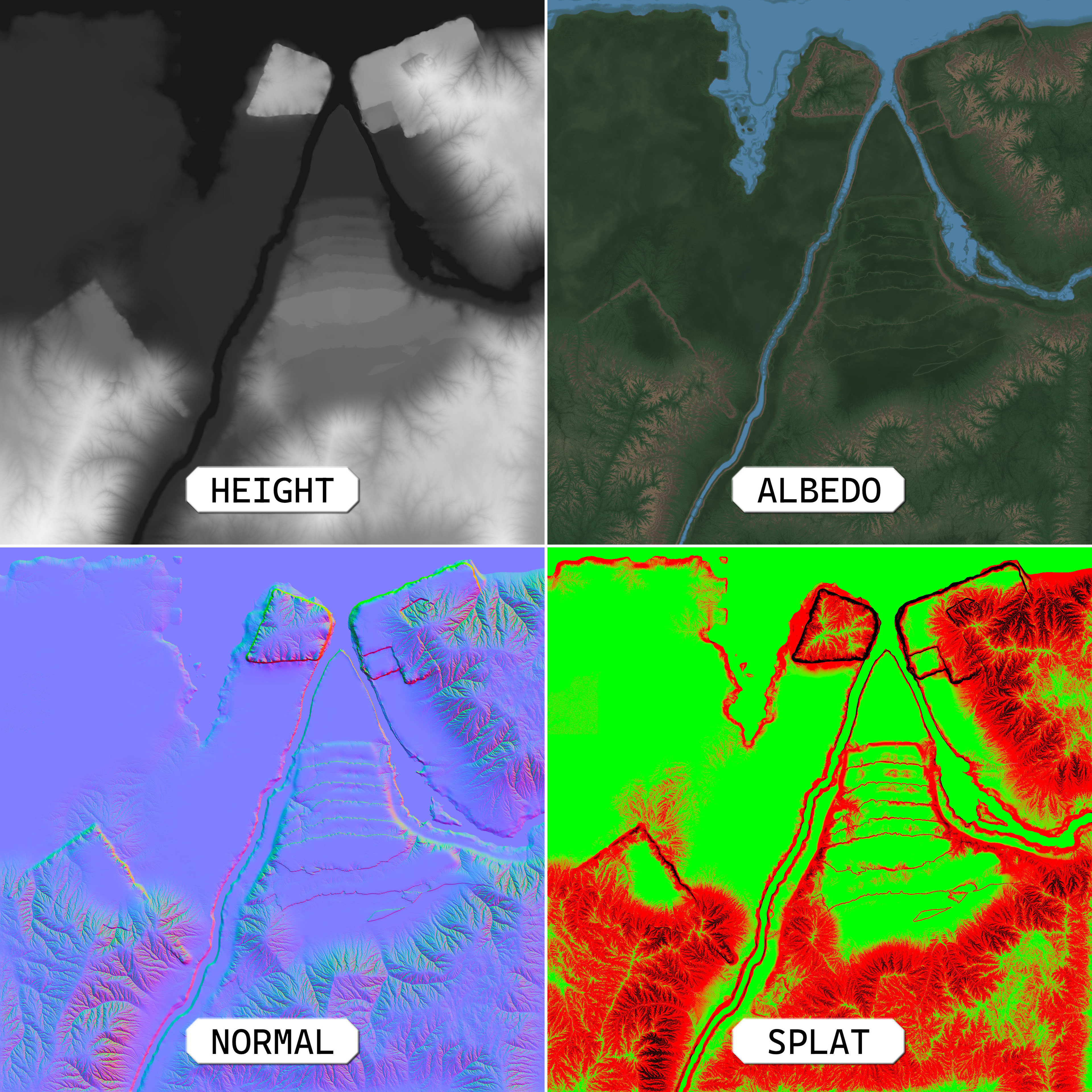 The four texture maps exported from Gaea:
Height: 16-bit Linear Raw (r16)
Albedo: 8-bit sRGB
Normal: 16-bit Tangent-space
Splat: 8-bit Linear RGB (used for material blend, slope, and detail-mapping)