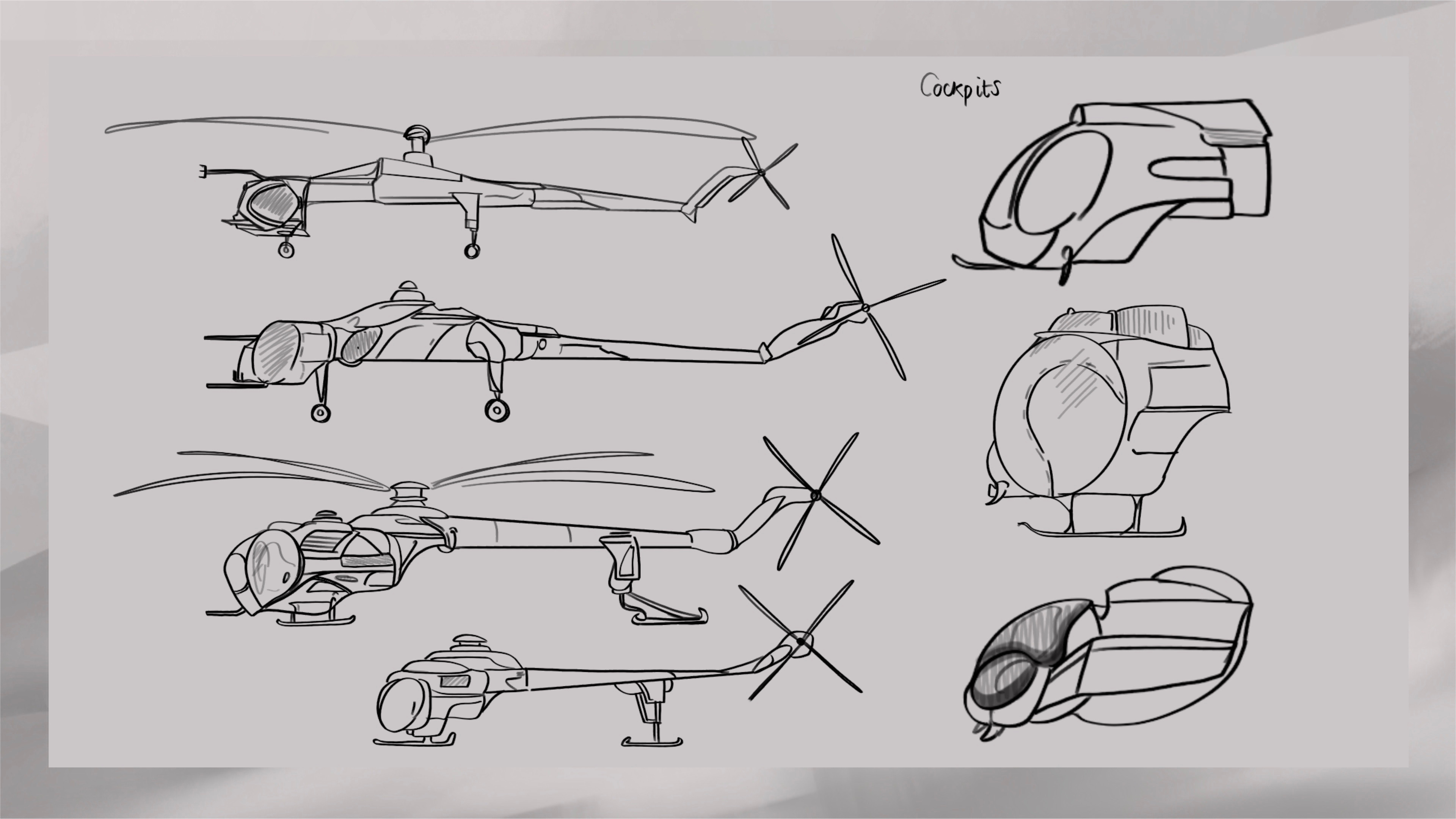 Looking at Dragon flies I tried to capture the characteristic of theur large round eyes in the cockpits. I felt this was an important step towards the helicopters insectoid appearance.