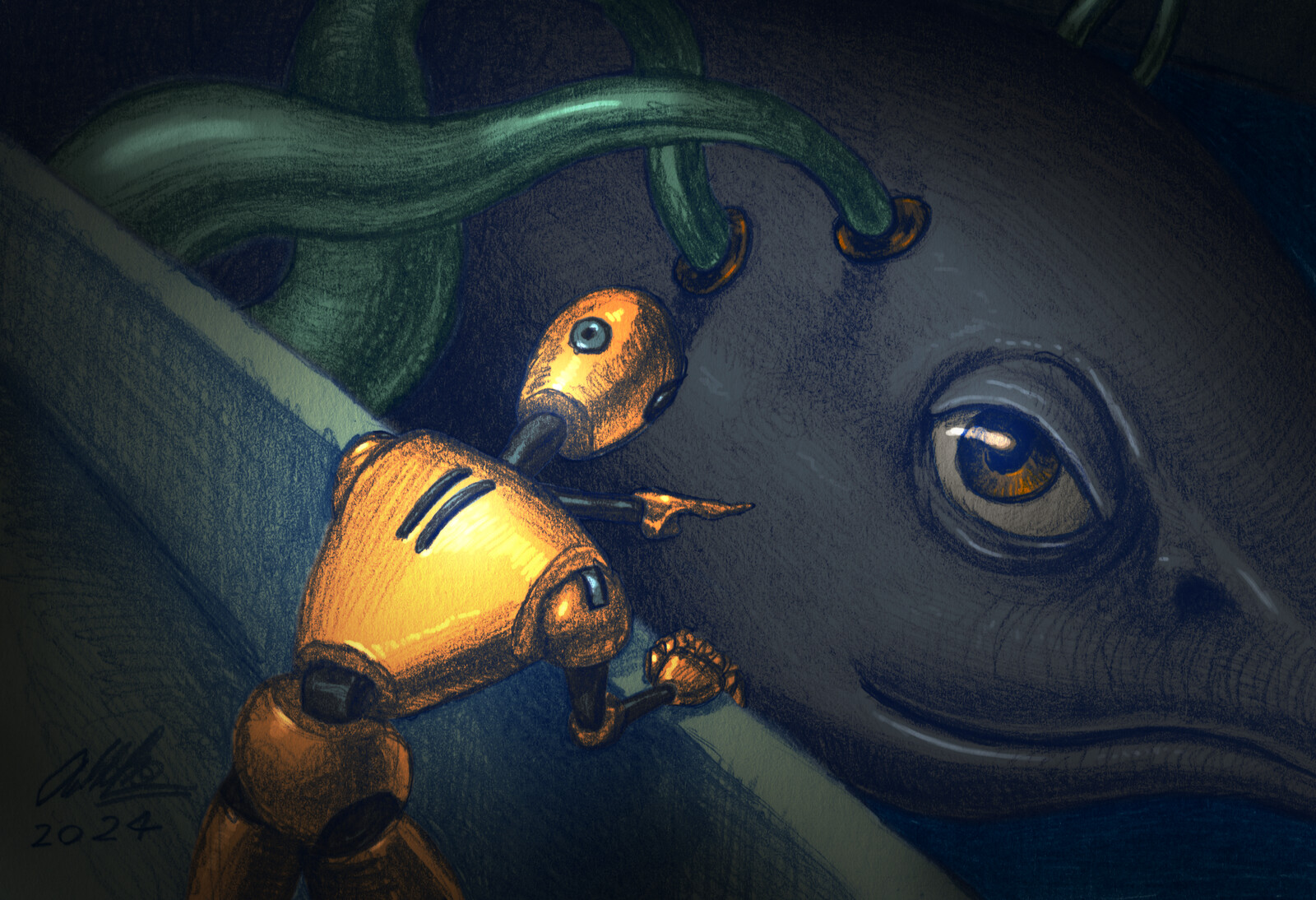 AI controlling a giant space eel.
Pencil - coloured in Photoshop